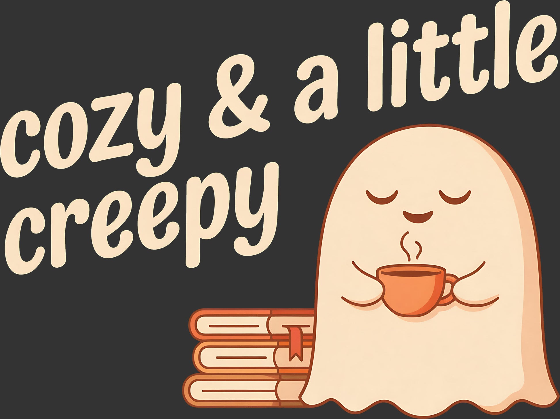 A cozy graphic with the words 'cozy & a little creepy' in large cream-colored rounded letters on a dark charcoal background. To the right is a cute cartoon ghost holding a steaming orange mug, with a stack of books and a small red ribbon bookmark below.