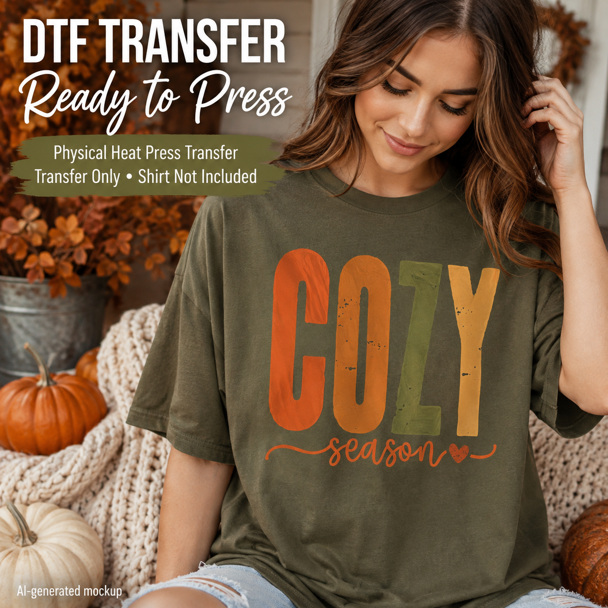 A woman wearing an olive green graphic T-shirt with the words 'COZY season' in autumn colors, posed in a cozy fall-themed setting with pumpkins and a knitted blanket. Large text at the top reads 'DTF TRANSFER Ready to Press' and notes that the shirt is not included.