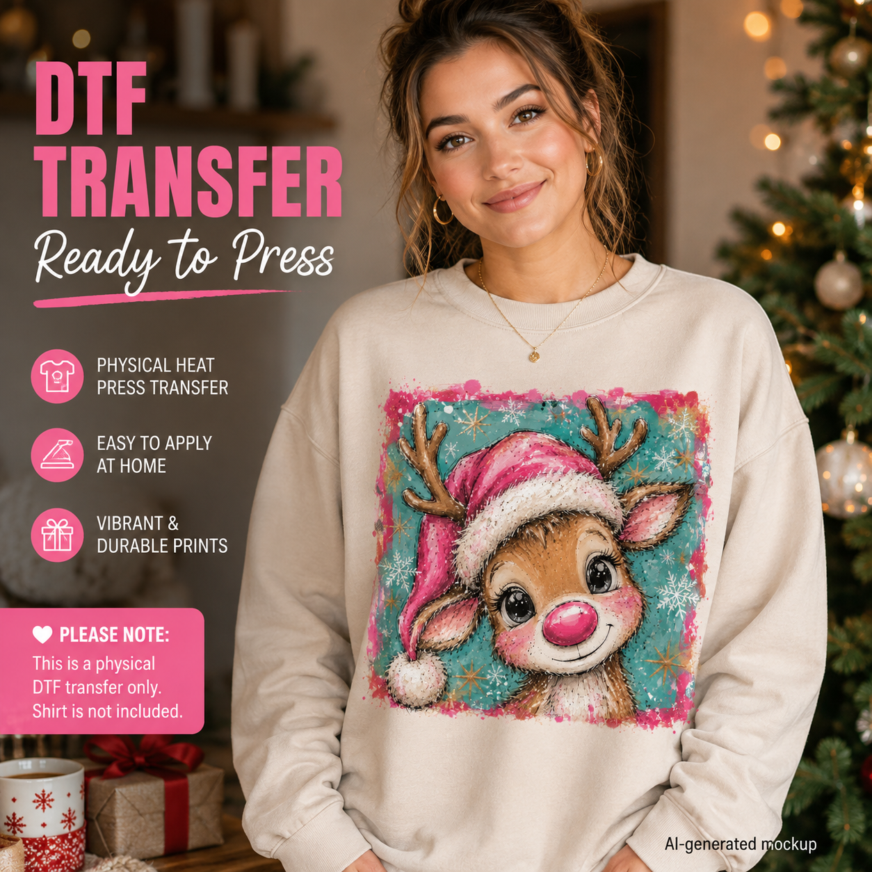 A woman wearing a cream-colored crewneck sweatshirt with a colorful DTF transfer of a cartoon reindeer in a Santa hat, posed in front of a blurred Christmas tree. Text overlays on the left describe the product as a 'DTF TRANSFER Ready to Press' with icons and details about physical heat press transfer applicability.