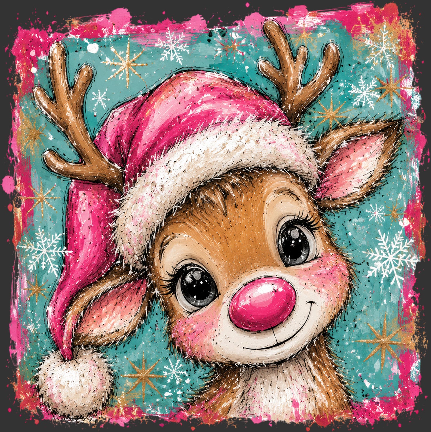 A festive illustrated reindeer face wearing a pink Santa hat with white trim and brown antlers, set against a teal background with snowflakes and gold starburst accents.
