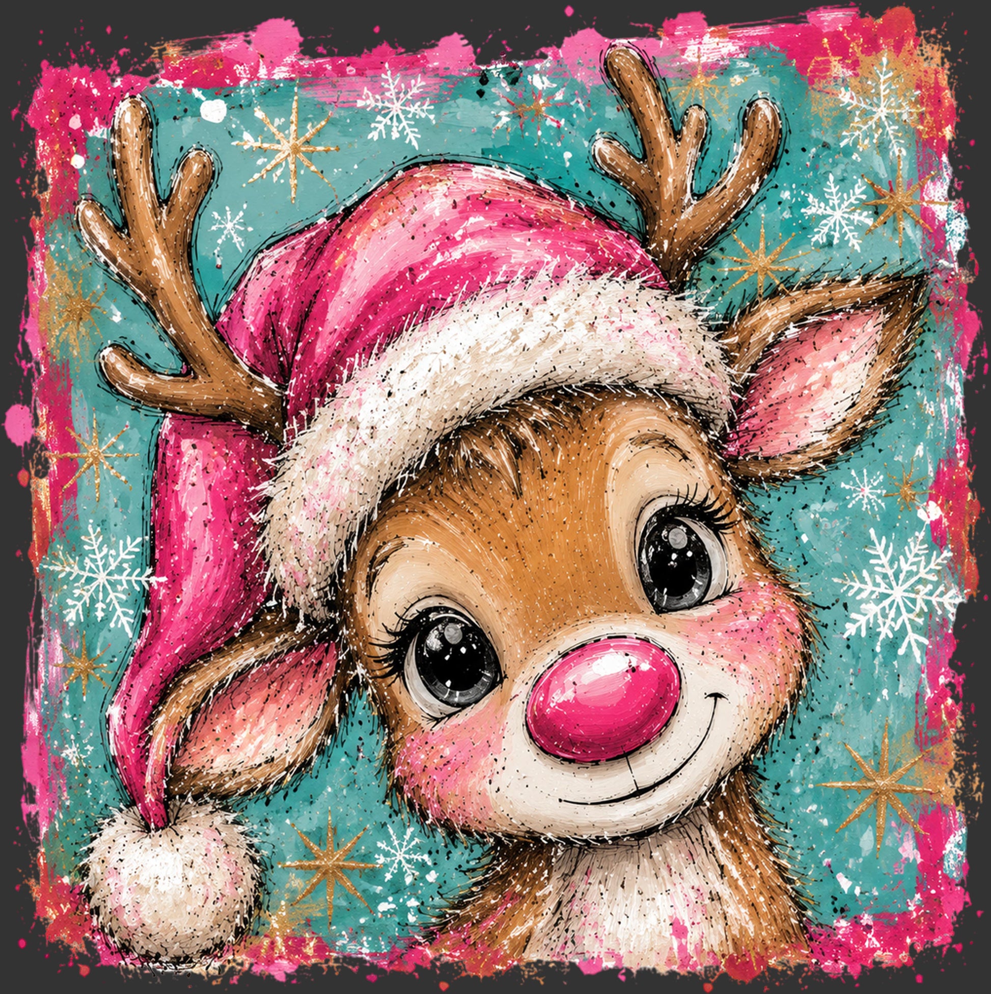A festive illustrated reindeer face wearing a pink Santa hat with white trim and brown antlers, set against a teal background with snowflakes and gold starburst accents.