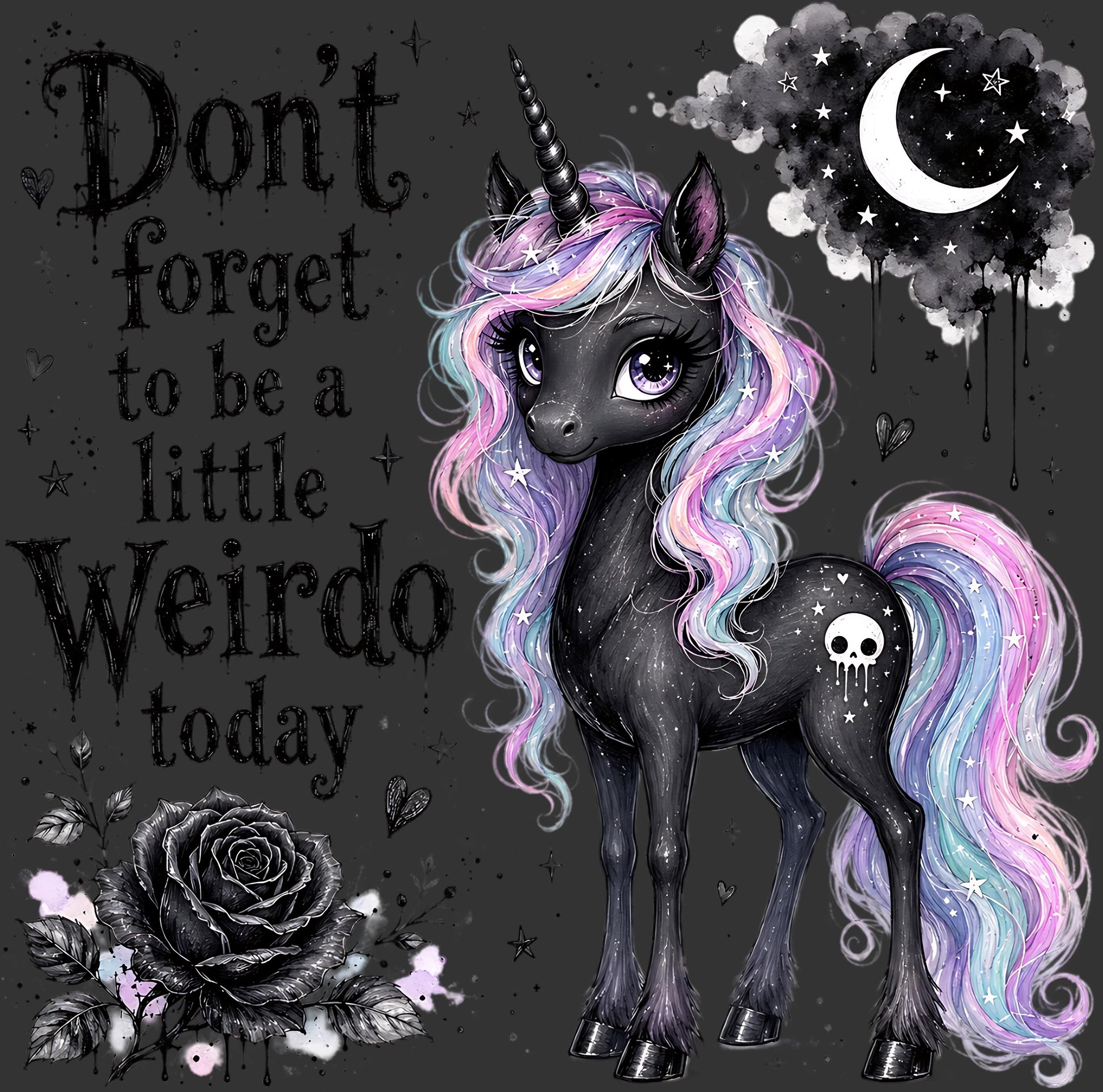 Gothic fantasy graphic featuring a black unicorn with a pastel pink, purple, and blue rainbow mane and tail, standing beside the text 'Don't forget to be a little Weirdo today.' The design includes a black rose, stars, a crescent moon, and a skull detail on the unicorn's flank against a dark gray background.