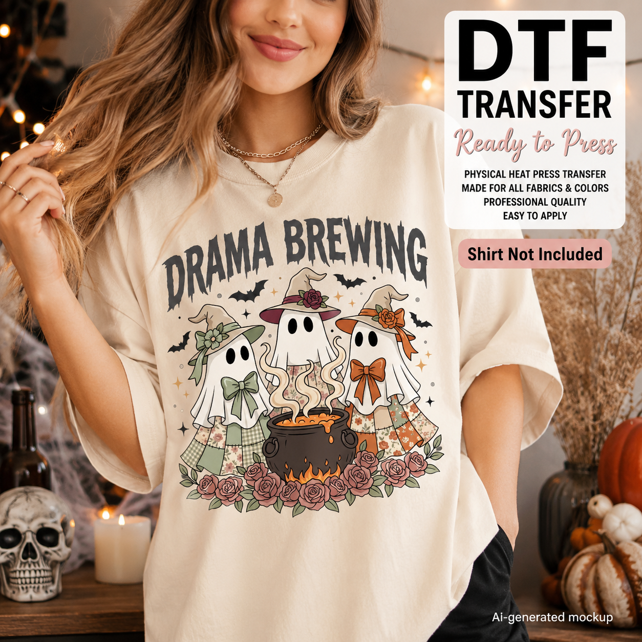 A woman wearing an oversized cream-colored graphic T-shirt with a Halloween-themed 'DRAMA BREWING' design featuring three ghosts around a cauldron. The image includes promotional text overlays on the right side and a cozy, decorated background with autumn elements.