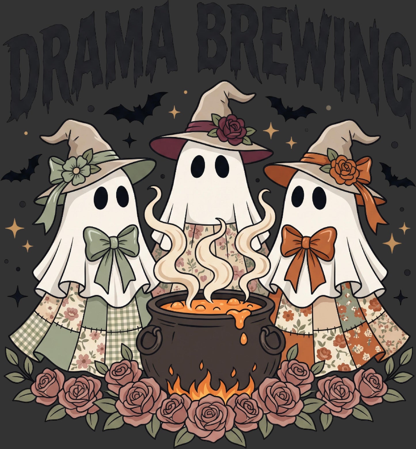 A Halloween-themed graphic illustration featuring three cute ghost characters wearing witch hats and patchwork dresses gathered around a cauldron with steam rising. The text 'DRAMA BREWING' appears at the top, with bats and stars in the background and pink roses along the bottom.