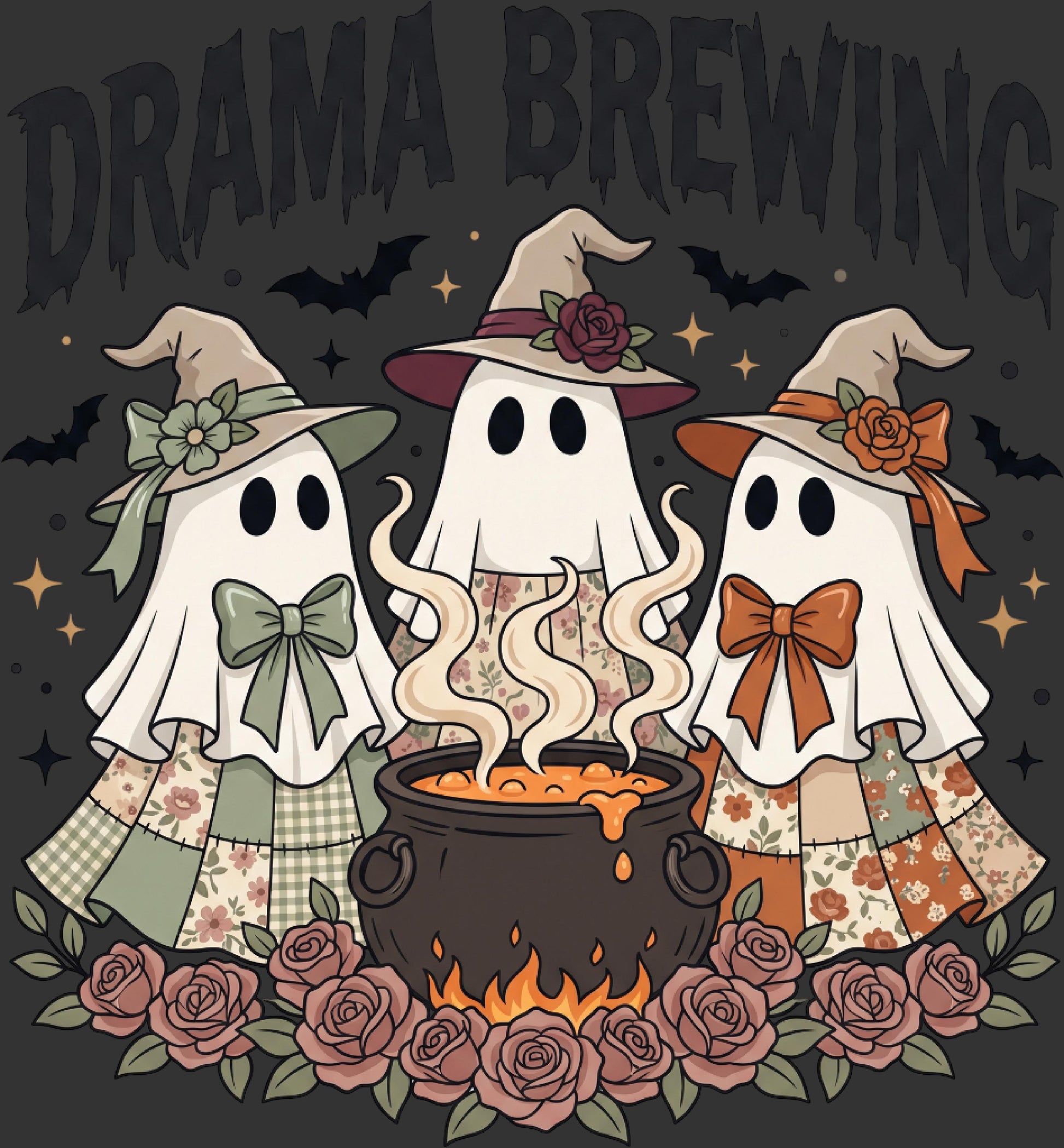 A Halloween-themed graphic illustration featuring three cute ghost characters wearing witch hats and patchwork dresses gathered around a cauldron with steam rising. The text 'DRAMA BREWING' appears at the top, with bats and stars in the background and pink roses along the bottom.