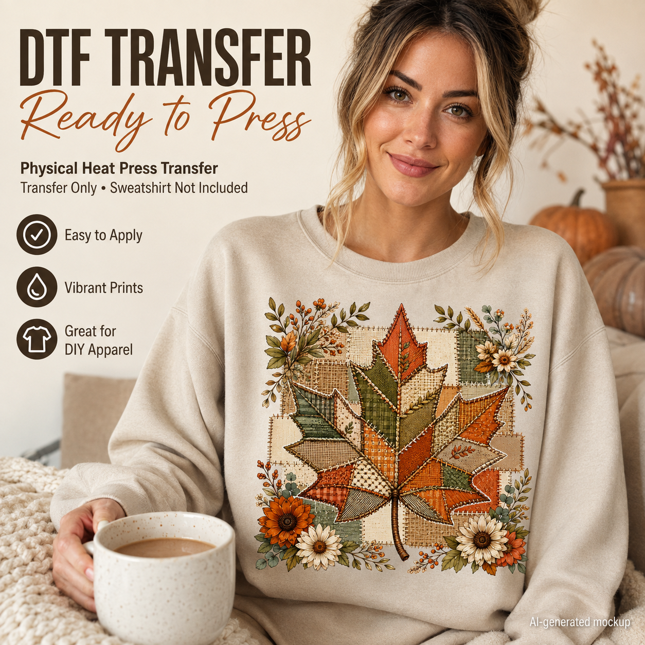 A woman wearing a beige sweatshirt with a colorful autumn leaf and floral DTF transfer design, holding a mug in a cozy indoor setting. Text on the image reads 'DTF TRANSFER Ready to Press' and highlights key features.