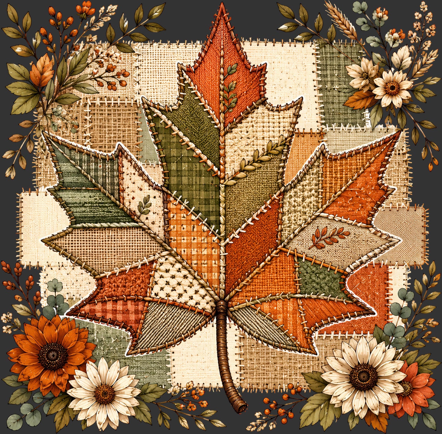 A stylized autumn maple leaf artwork made of patchwork fabric textures in orange, beige, olive green, and brown, surrounded by floral and leafy botanical motifs on a dark background.