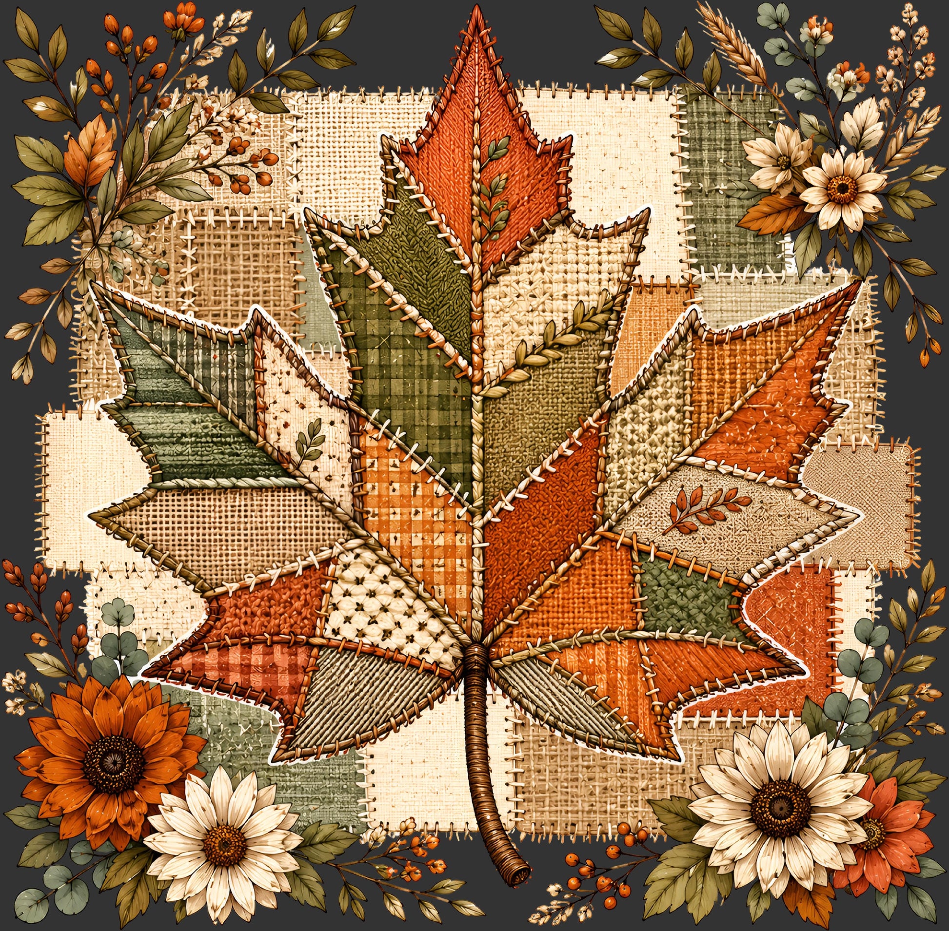 A stylized autumn maple leaf artwork made of patchwork fabric textures in orange, beige, olive green, and brown, surrounded by floral and leafy botanical motifs on a dark background.