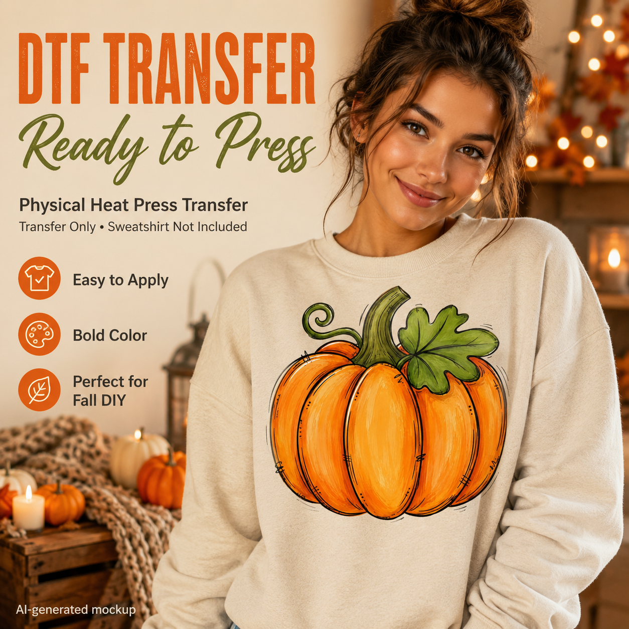 A woman wearing a cream sweatshirt with a large illustrated orange pumpkin graphic on the front, set in a cozy fall-themed room with warm lights and pumpkins. Text on the left reads 'DTF TRANSFER Ready to Press' with icons describing the transfer product.