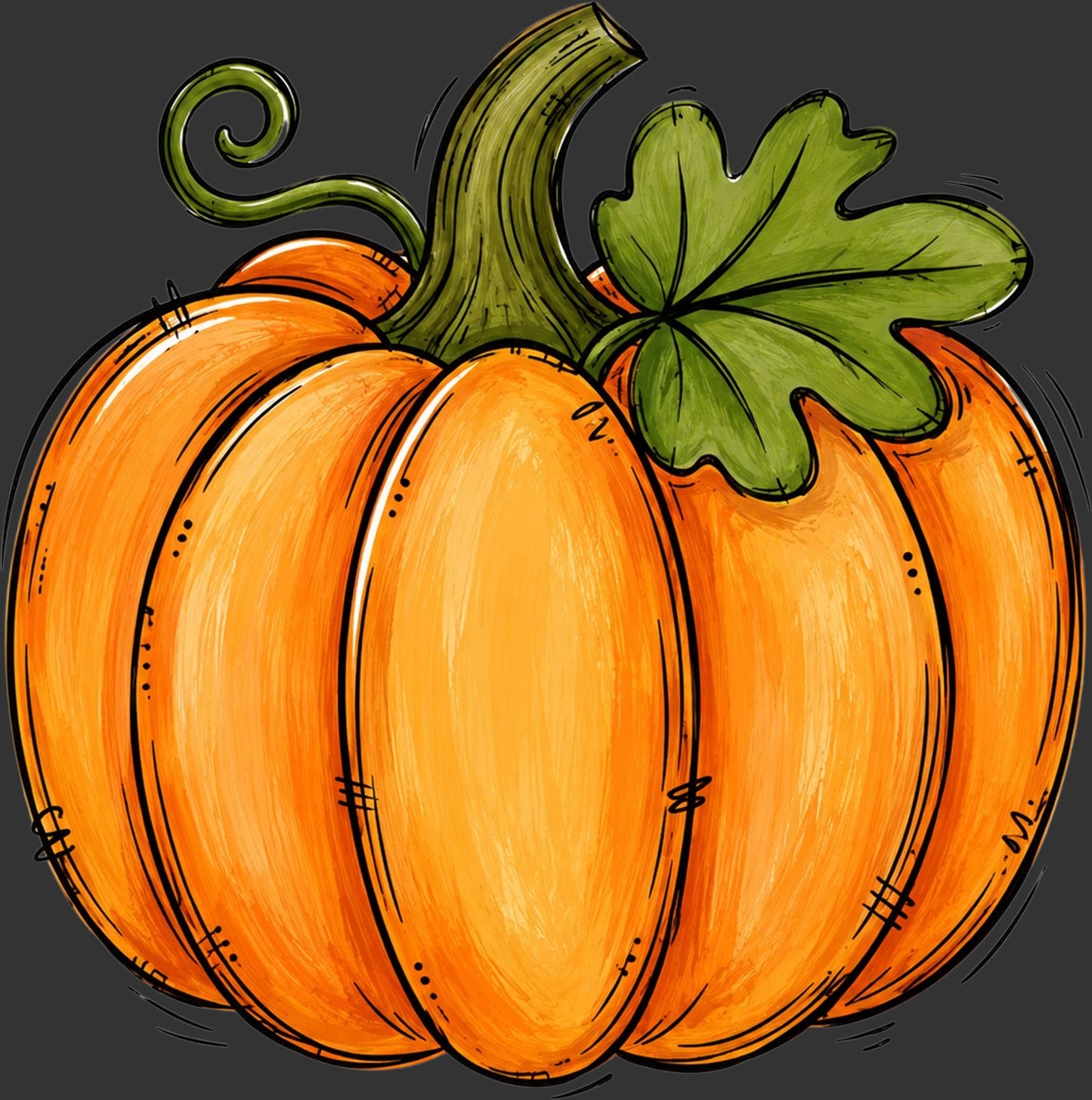 A stylized illustration of a bright orange pumpkin with a green stem and leaf on a dark gray background.