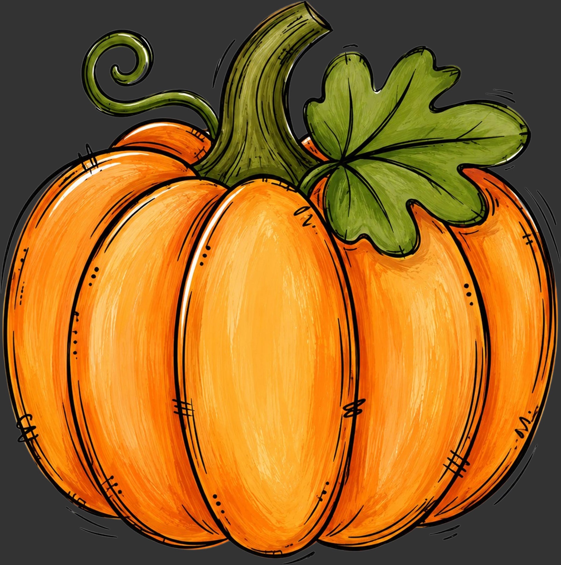 A stylized illustration of a bright orange pumpkin with a green stem and leaf on a dark gray background.