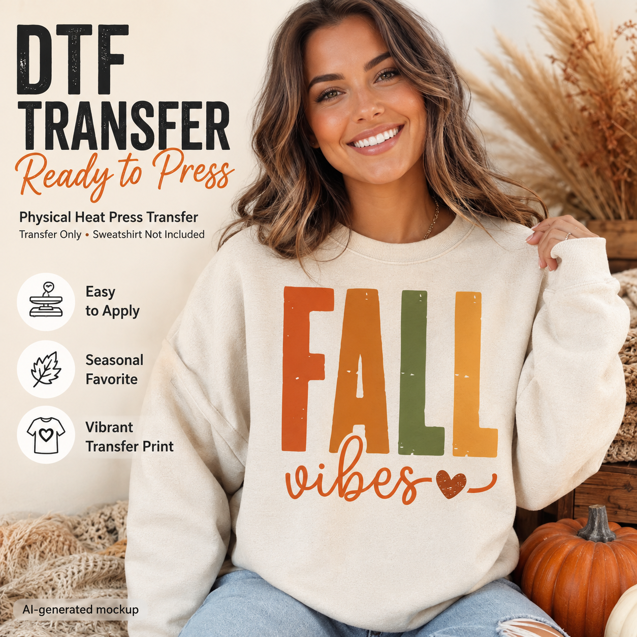 A woman wearing a cream sweatshirt with a colorful 'FALL vibes' heat transfer design, posed in a cozy autumn setting with pumpkins and dried grass. Text on the left advertises a DTF transfer ready to press.
