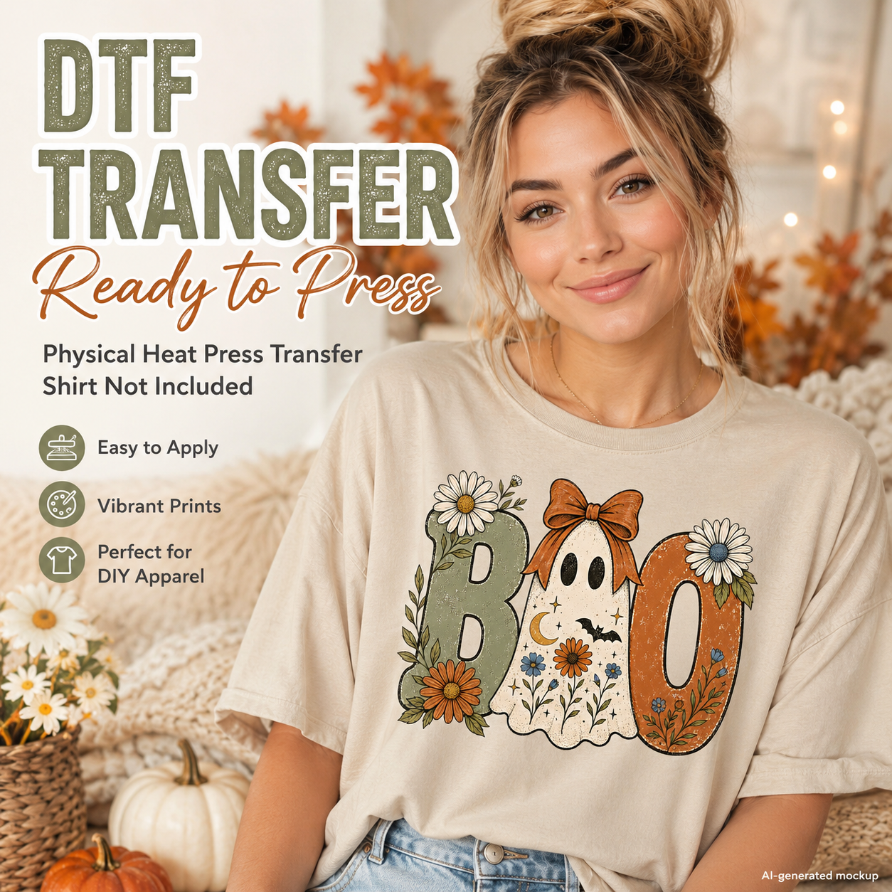 Halloween DTF Transfer – Boo Floral Ghost Ready to Press Iron On Heat Transfer 14503