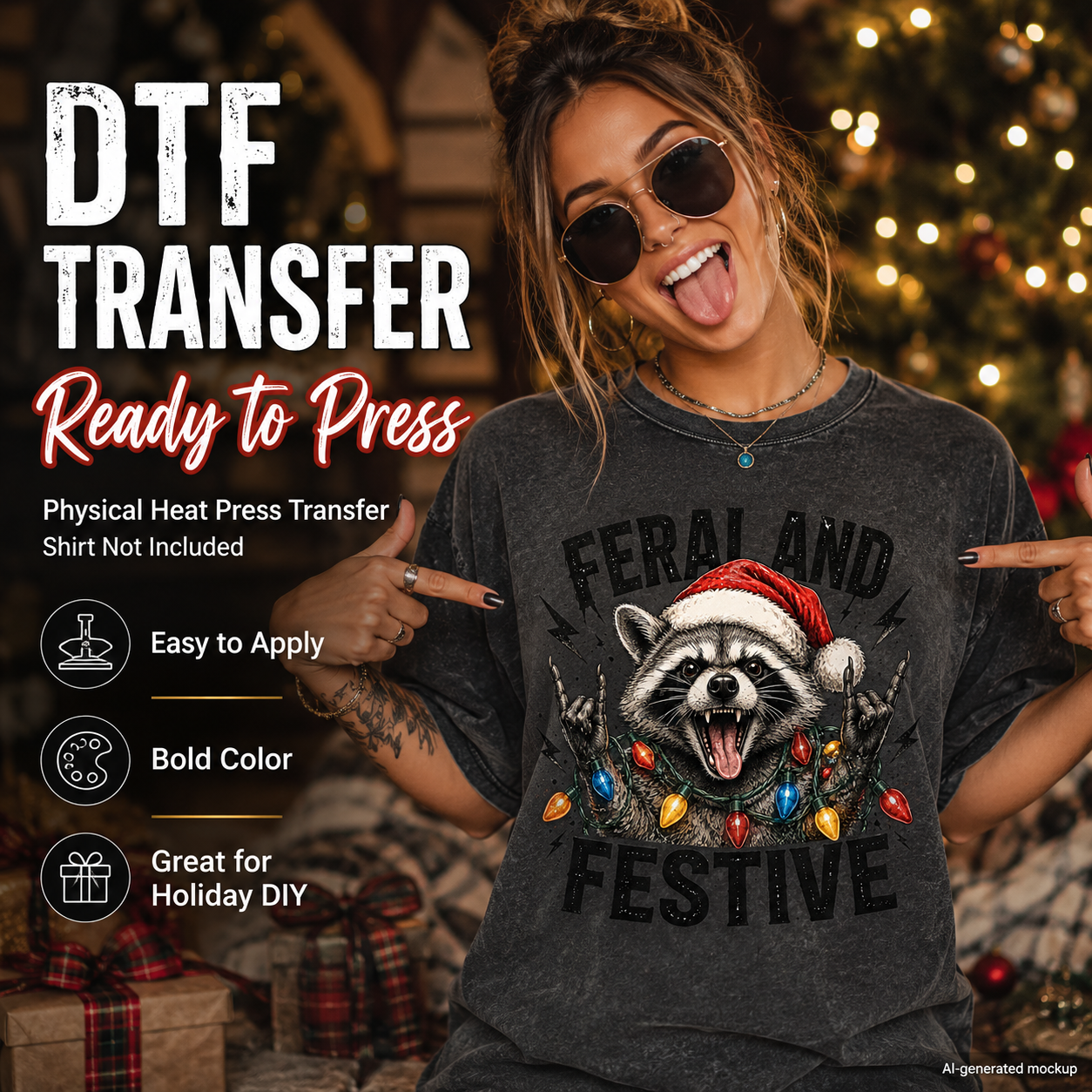 A woman wearing sunglasses and a dark charcoal gray graphic T-shirt points at a large printed design on the front. The shirt graphic shows a raccoon wearing a Santa hat with colorful holiday lights and the words “FERAL AND FESTIVE.