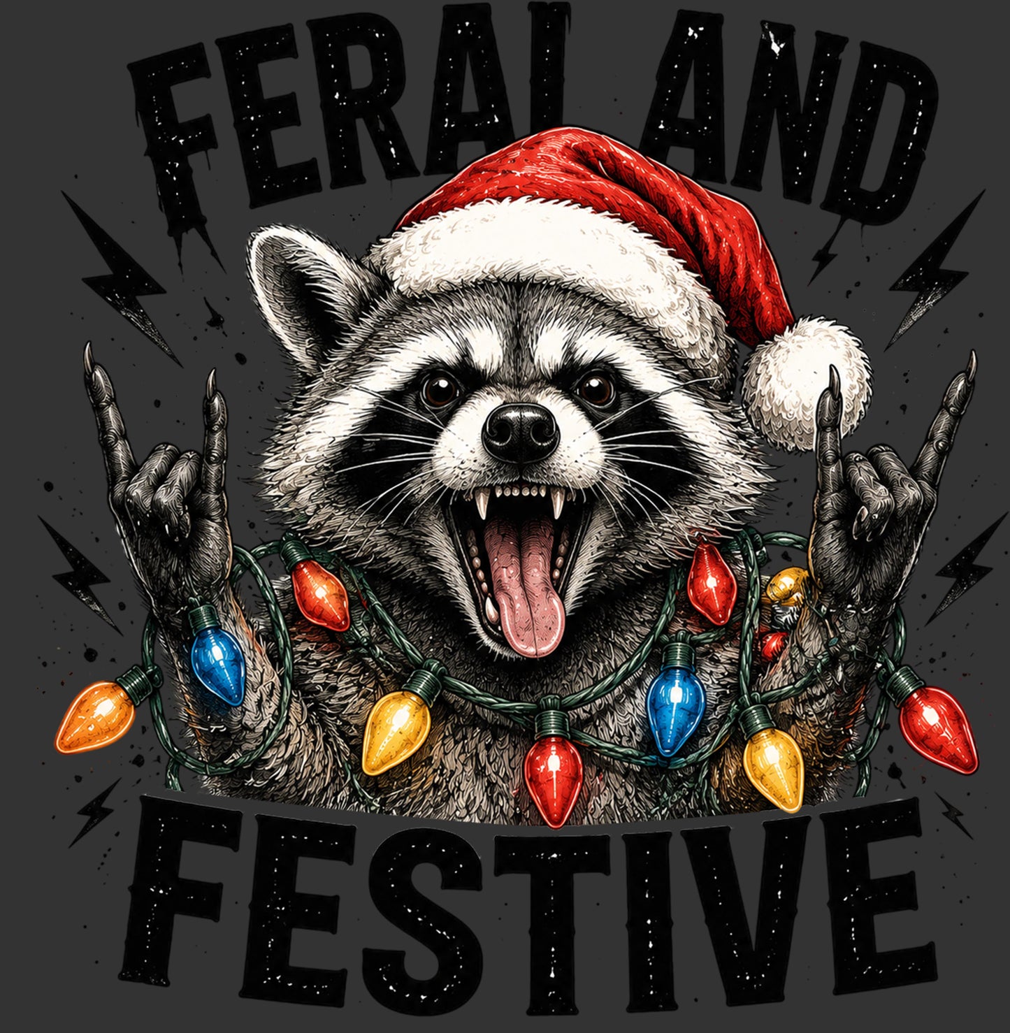 A stylized graphic of a raccoon wearing a red Santa hat and making rock-on gestures, with colorful Christmas lights around its neck and bold text reading 'FERAL AND FESTIVE' on a dark gray background.