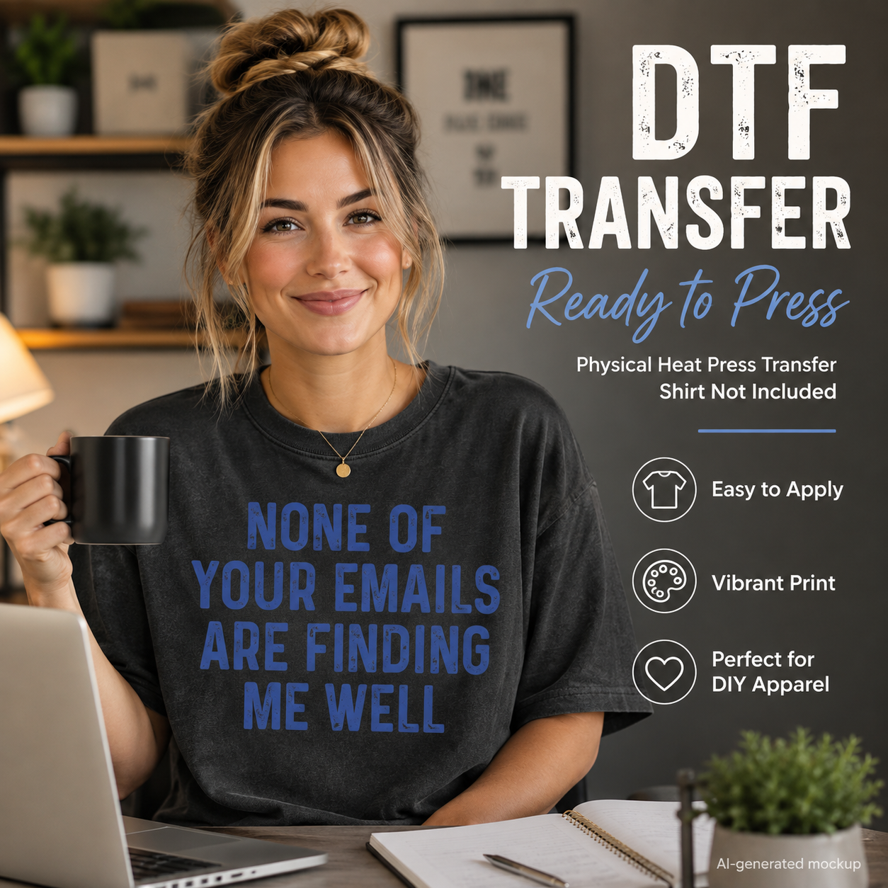 A woman sitting at a desk wearing a dark charcoal t-shirt with blue text that reads 'NONE OF YOUR EMAILS ARE FINDING ME WELL'. The image features promotional text overlays for a 'DTF TRANSFER' product, with icons indicating it is easy to apply, vibrant, and perfect for DIY apparel.