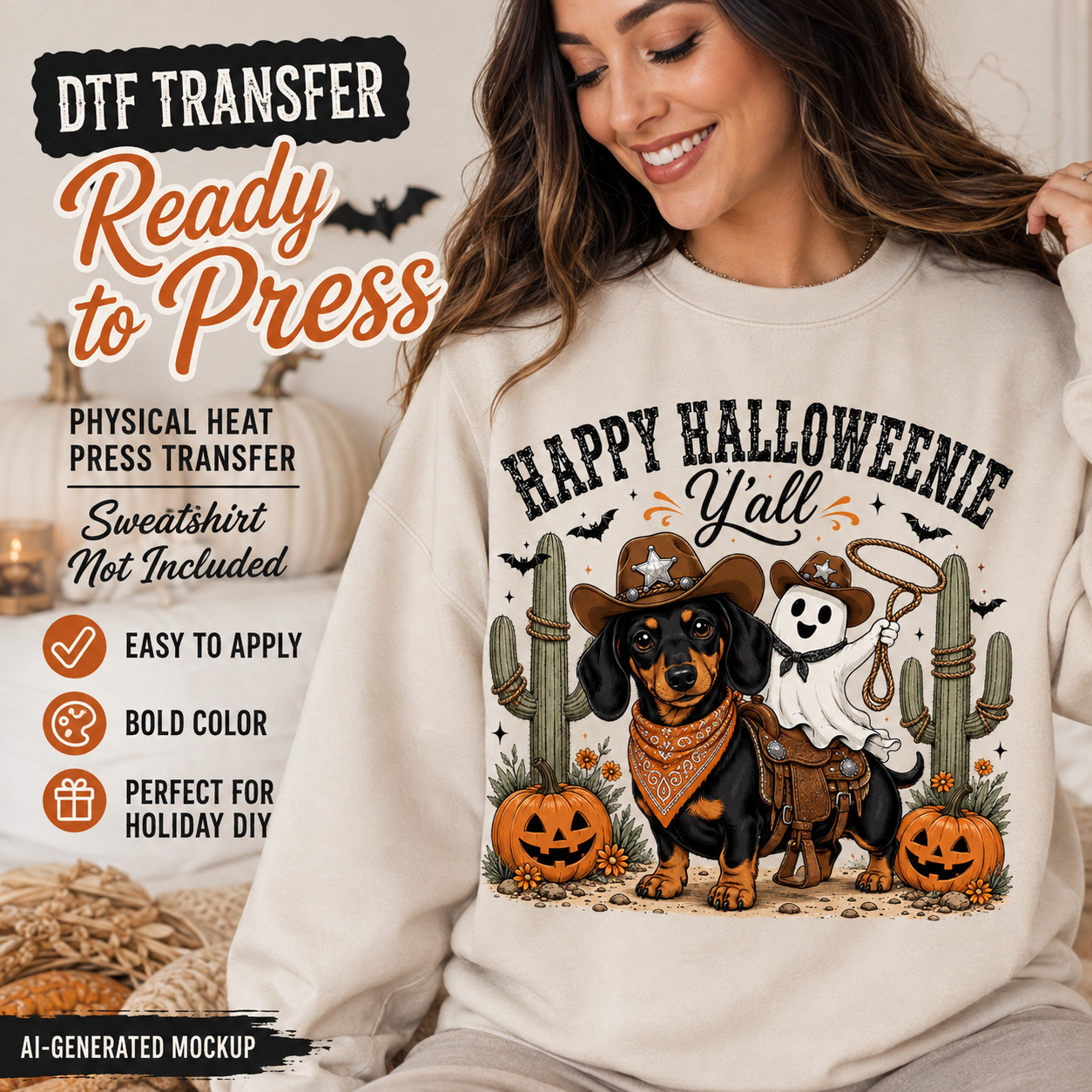 A woman wearing a cream sweatshirt with a colorful Halloween dachshund graphic, shown in a styled indoor setting with promotional text overlays for a DTF transfer.