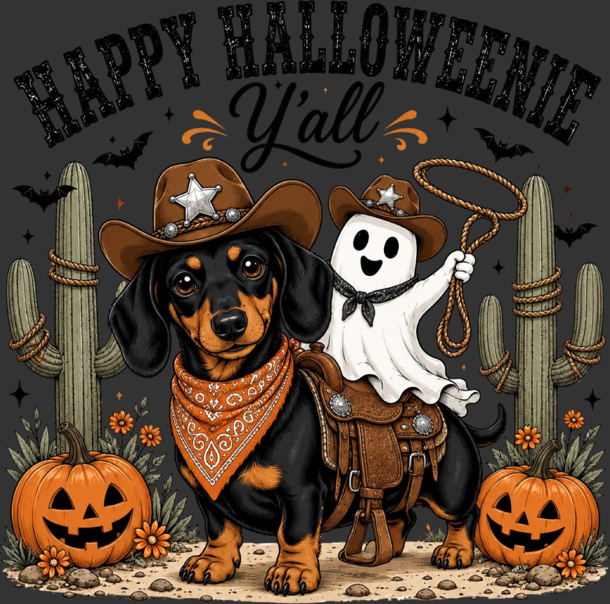 Halloween graphic featuring a dachshund dressed as a cowboy with a brown hat, bandana, and saddle, riding a white ghost wearing a matching cowboy hat and holding a lasso. The scene includes cacti, pumpkins, flowers, bats, and the text 'Happy Halloween Y'all' on a dark gray background.