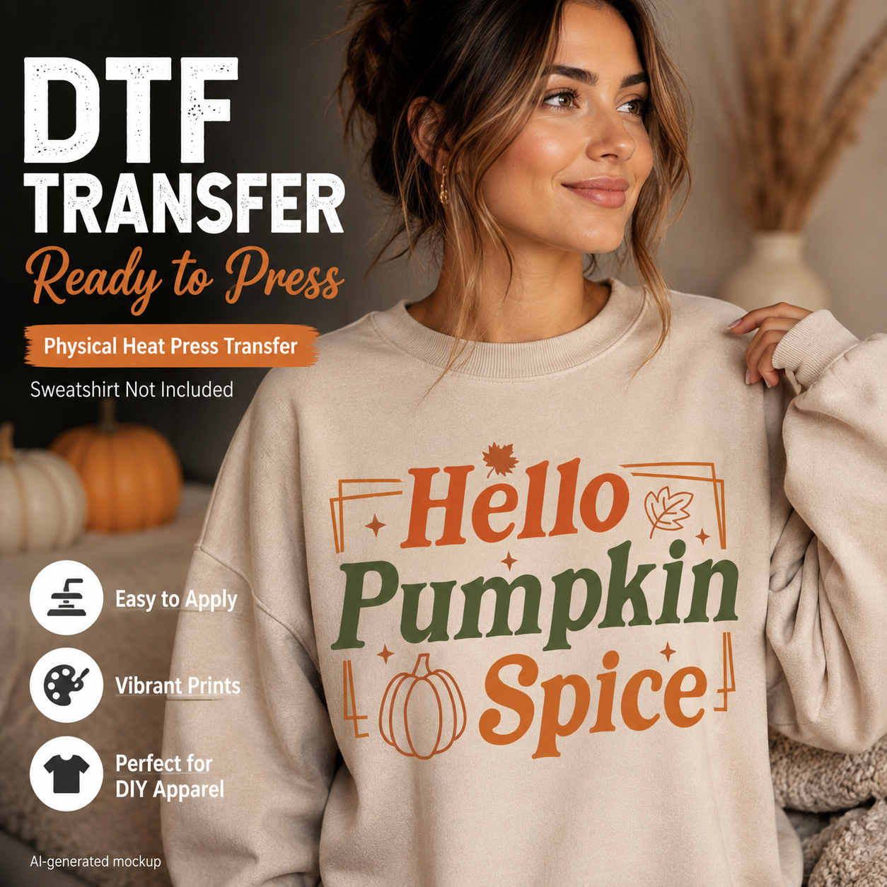 A woman wearing a beige sweatshirt with a large 'Hello Pumpkin Spice' graphic in orange and green, shown in a cozy indoor setting with pumpkins and dried grass. Text on the image reads 'DTF TRANSFER Ready to Press' and lists features like easy to apply, vibrant prints, and suitable for DIY apparel.