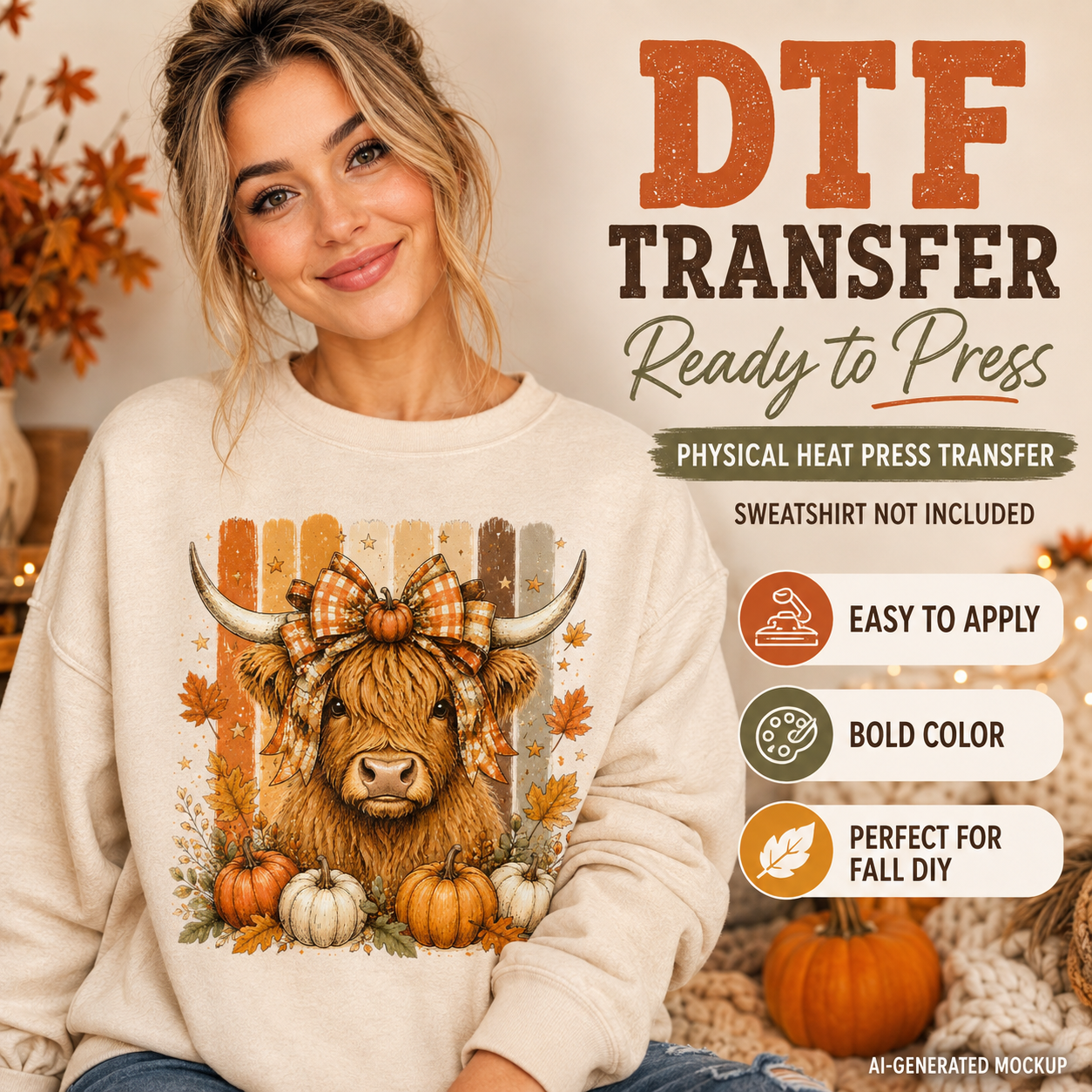 A woman wearing a cream sweatshirt with a large fall-themed Highland cow graphic, alongside promotional text for a DTF (Direct to Film) heat press transfer. The graphic features a brown and orange cow with a plaid bow, surrounded by pumpkins and autumn leaves.