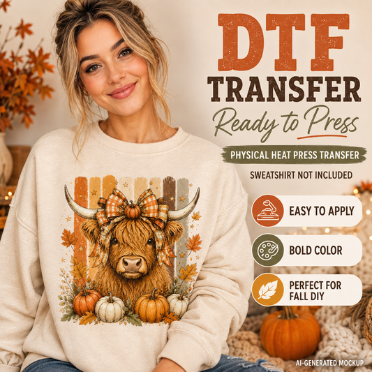 A woman wearing a cream sweatshirt with a large fall-themed Highland cow graphic, alongside promotional text for a DTF (Direct to Film) heat press transfer. The graphic features a brown and orange cow with a plaid bow, surrounded by pumpkins and autumn leaves.