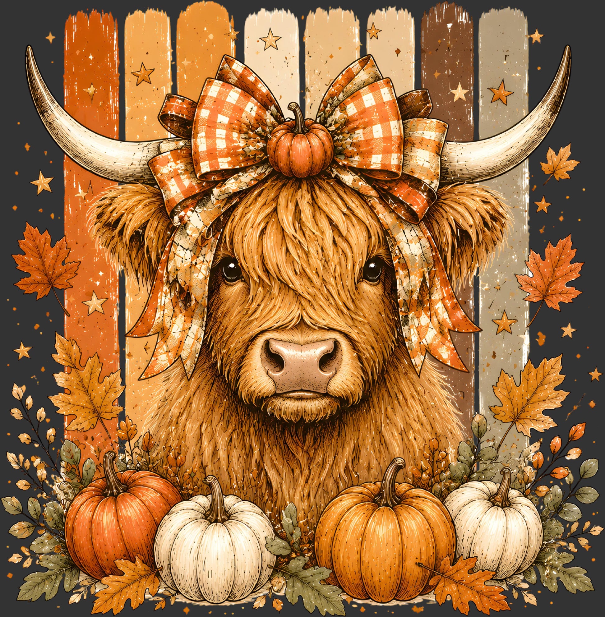 A stylized autumn Highland cow illustration with long horns, a gingham bow, pumpkins, fall leaves, and a rustic fence on a dark background.
