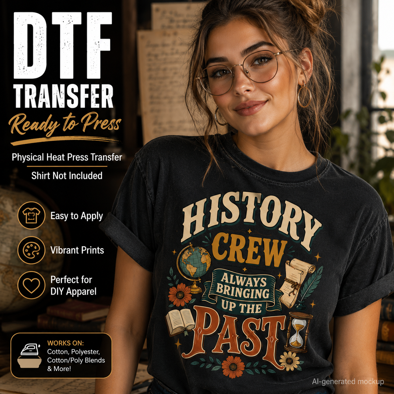 A woman wearing a black graphic T-shirt with a vintage-style print that reads “HISTORY CREW ALWAYS BRINGING UP THE PAST,” shown in a promotional mockup with text overlays about DTF transfer compatibility.