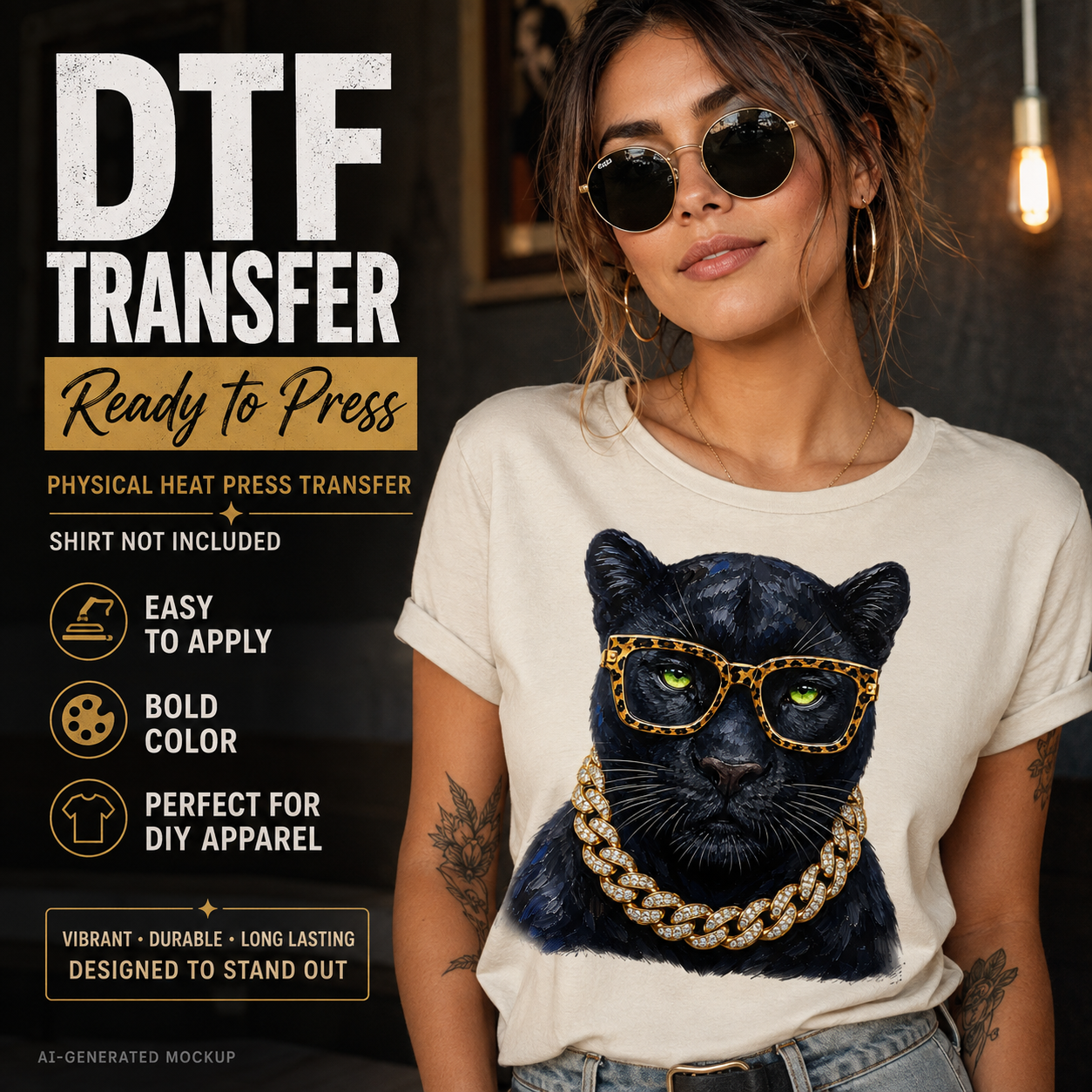 Cool black panther with leopard glasses and gold chain DTF transfer shown on T-shirt mockup
