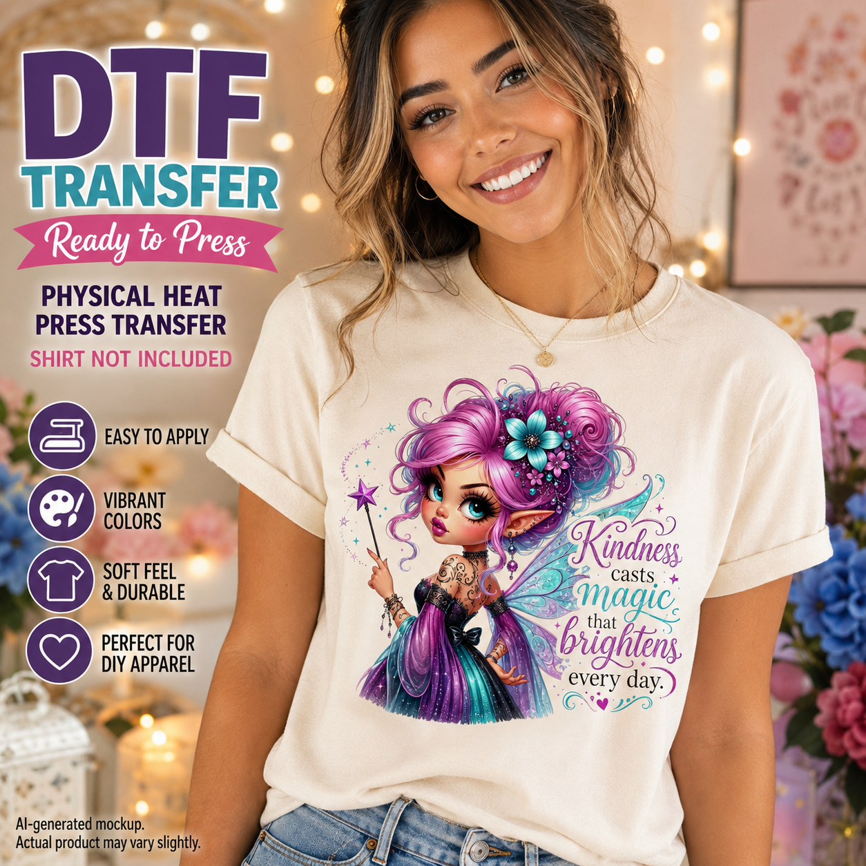 A woman wearing a cream-colored t-shirt with a colorful graphic of a fairy and the text 'Kindness casts magic that brightens every day.' The image includes promotional text for a 'DTF TRANSFER Ready to Press' product, with icons indicating features like easy application and vibrant colors.