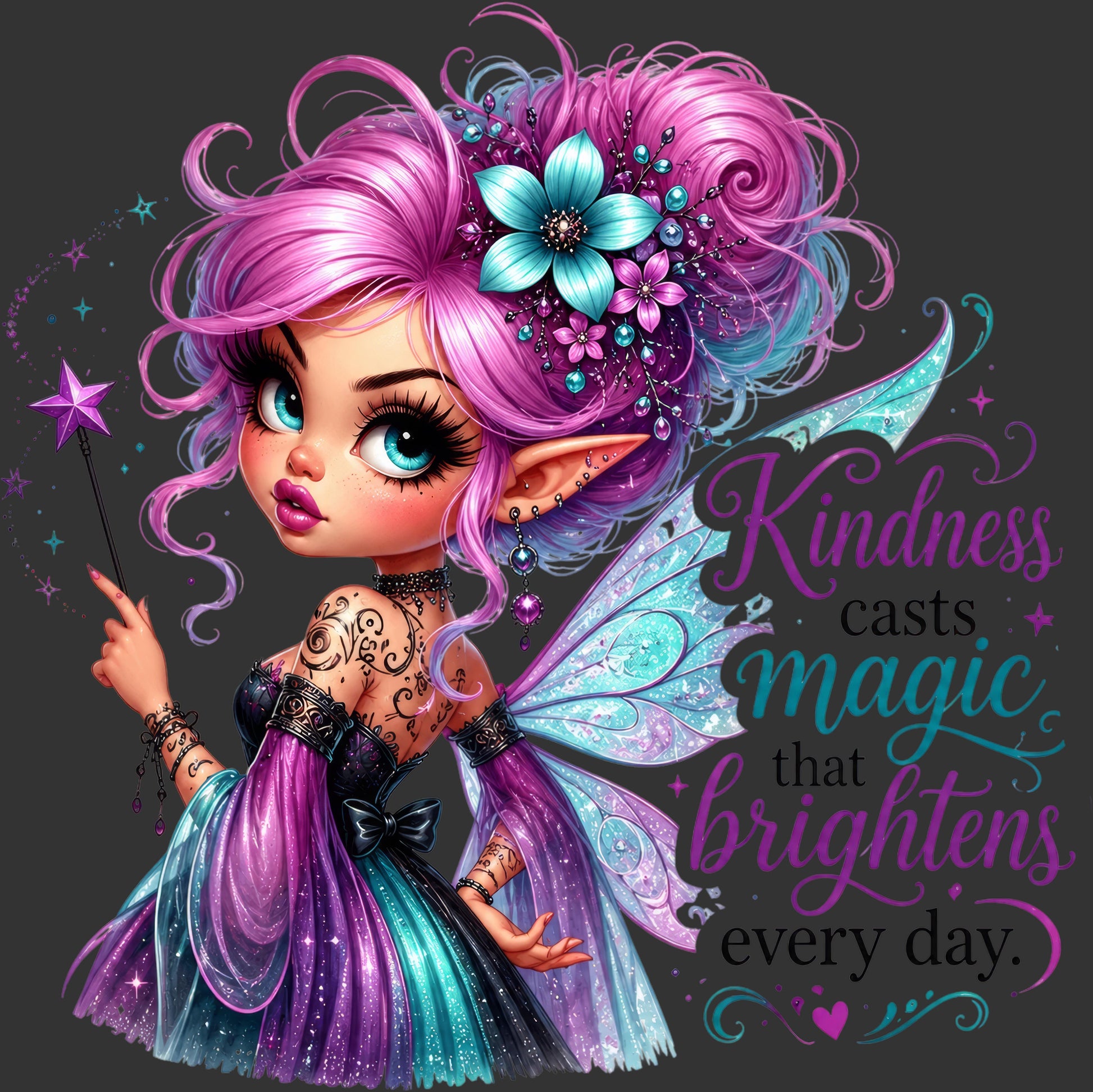 A stylized fantasy illustration of a young fairy girl with pink and purple hair, blue eyes, and translucent blue wings, holding a star wand. The text on the right reads, 'Kindness casts magic that brightens every day.