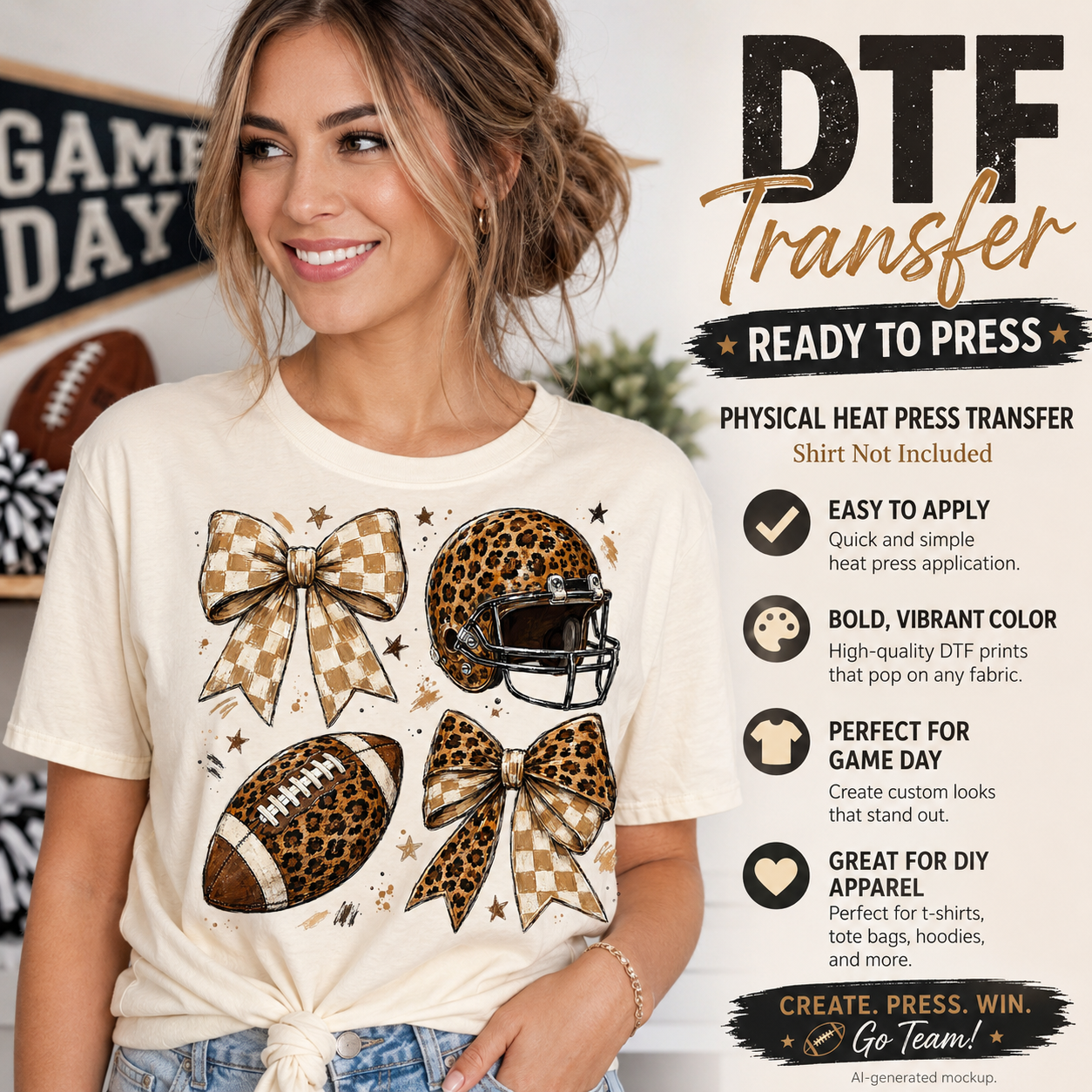 A woman wearing a cream graphic T-shirt with a DTF transfer design featuring leopard print bows, a football helmet, and a football. The image includes promotional text on the right explaining that the shirt is not included and outlining features of the physical heat press transfer.