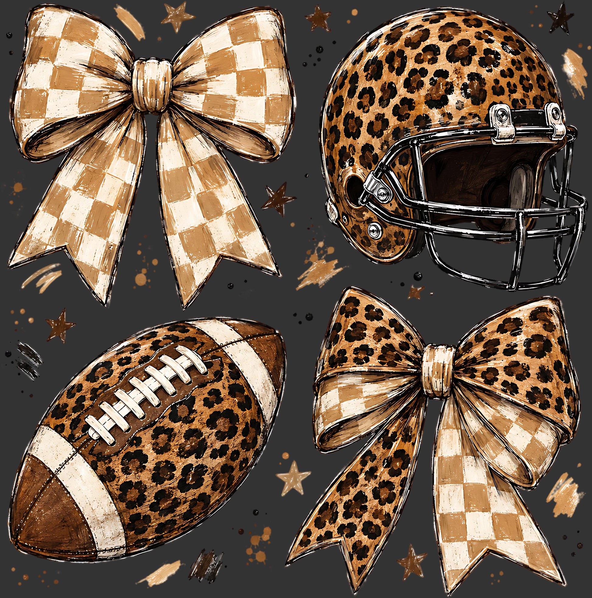 A graphic design featuring four sports-themed illustrations: a checkered bow, a leopard-print football helmet, a leopard-print football, and a checkered bow, arranged on a dark gray background with scattered gold stars.