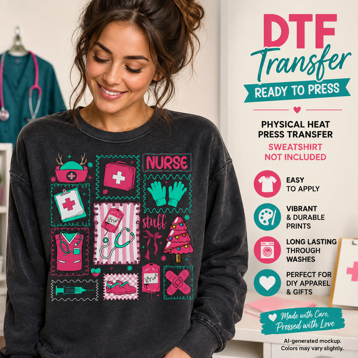 A woman wearing a dark charcoal sweatshirt with a colorful medical-themed DTF transfer graphic, shown alongside promotional text on the right detailing transfer features.