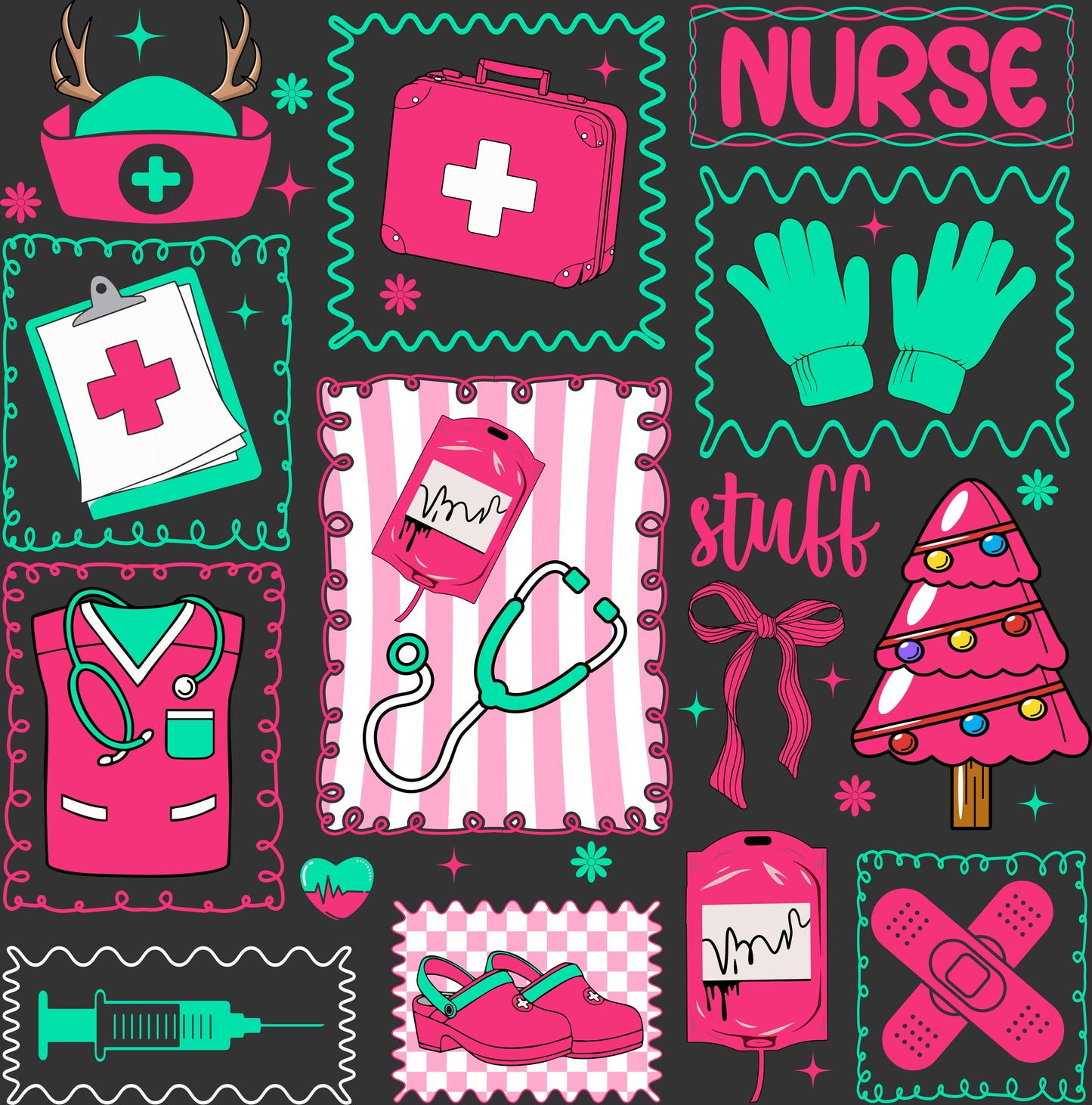 A digital graphic collage featuring various pink and teal medical-themed illustrations on a dark gray background, including a nurse hat, first aid kit, stethoscope, IV bag, bandage, and Christmas tree.