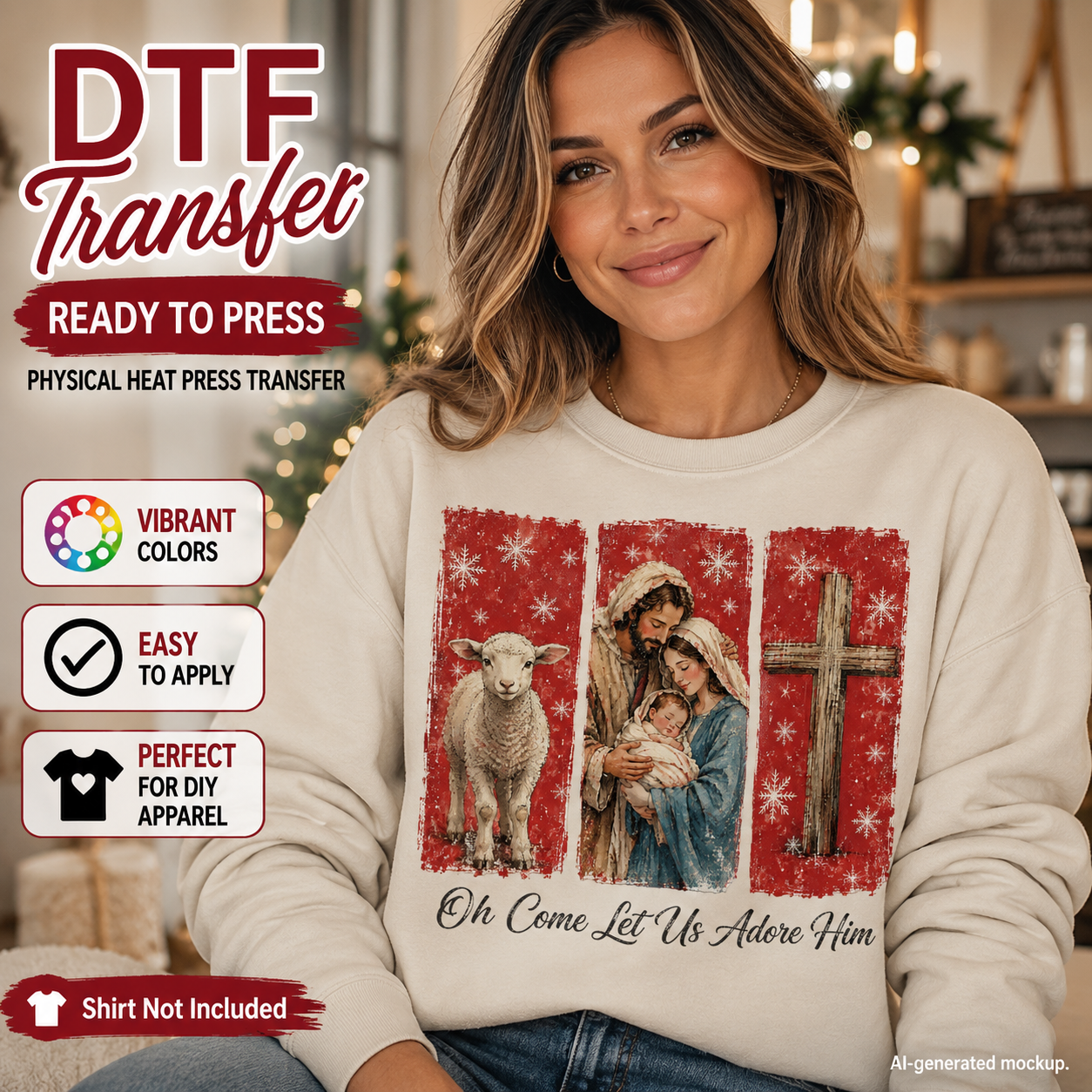 A woman wearing a cream-colored sweatshirt with a red and multicolor Christmas-themed graphic print featuring a lamb, Mary, Joseph, and a cross. The image includes promotional text overlays for 'DTF Transfer' and features a blurred indoor holiday background.