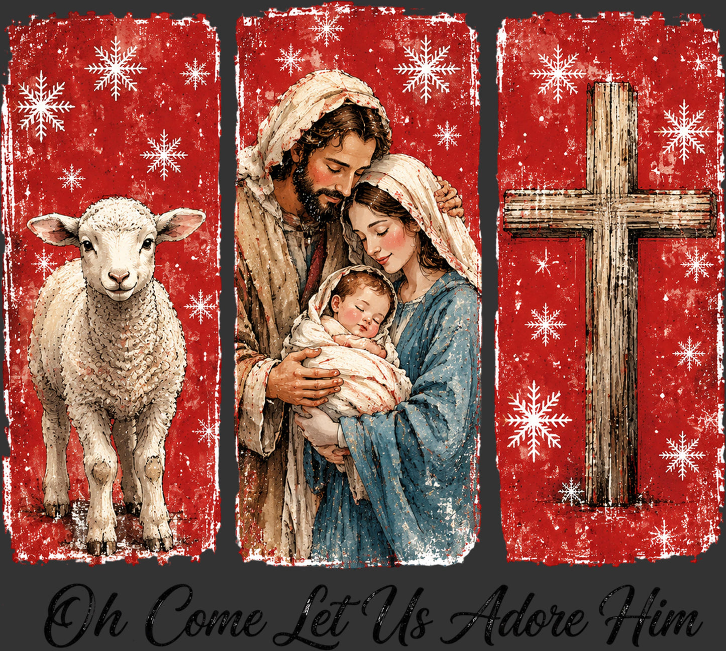Three-panel Christmas nativity wall art featuring a white sheep on a red snowy background, the Holy Family in the center panel, and a wooden cross on the right panel, with the text 'Oh Come Let Us Adore Him' below.