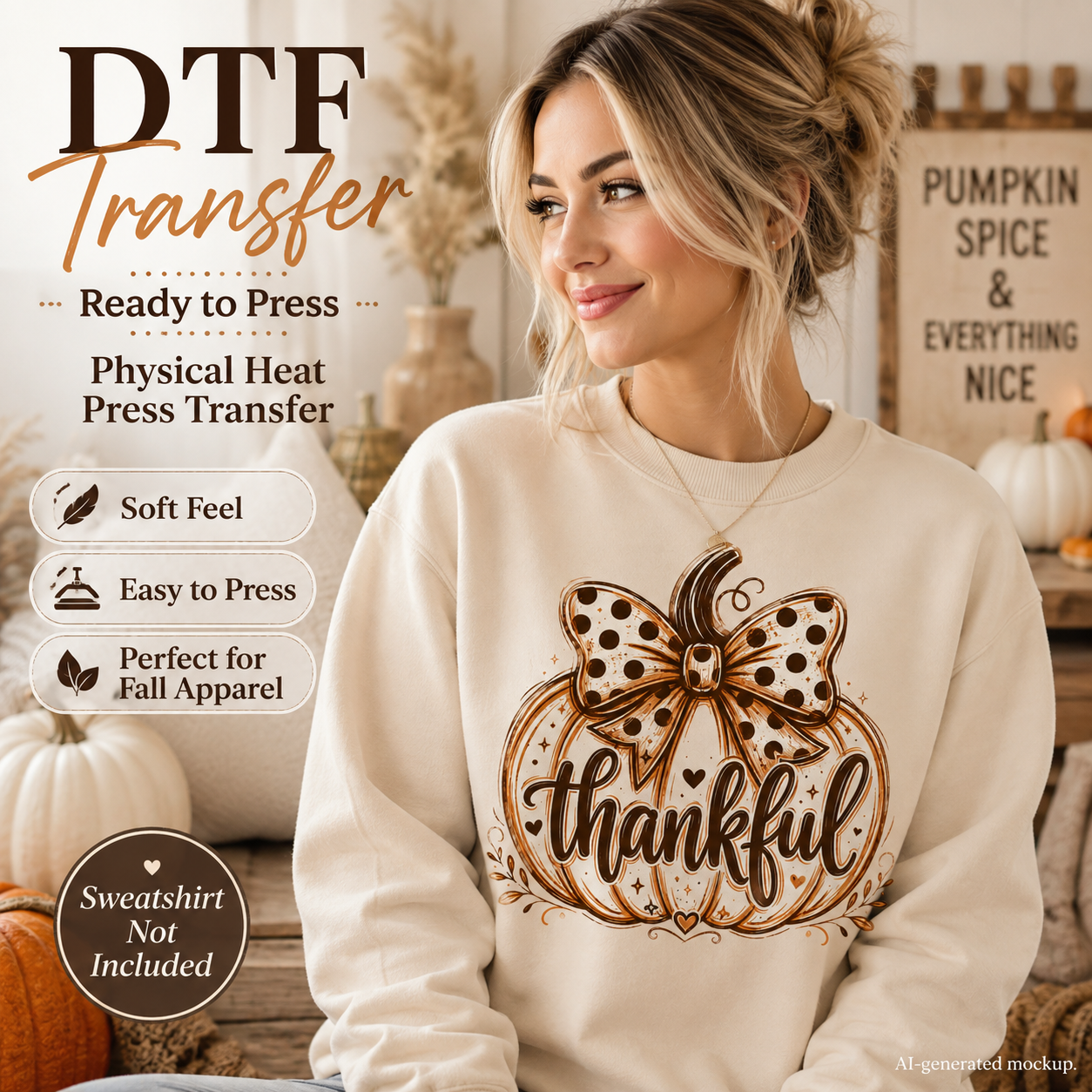 A woman wearing a cream sweatshirt with a large fall-themed graphic that reads 'thankful' inside a pumpkin design with a polka-dot bow. The image includes marketing text for a DTF transfer, seasonal decor, and a note that the sweatshirt itself is not included.