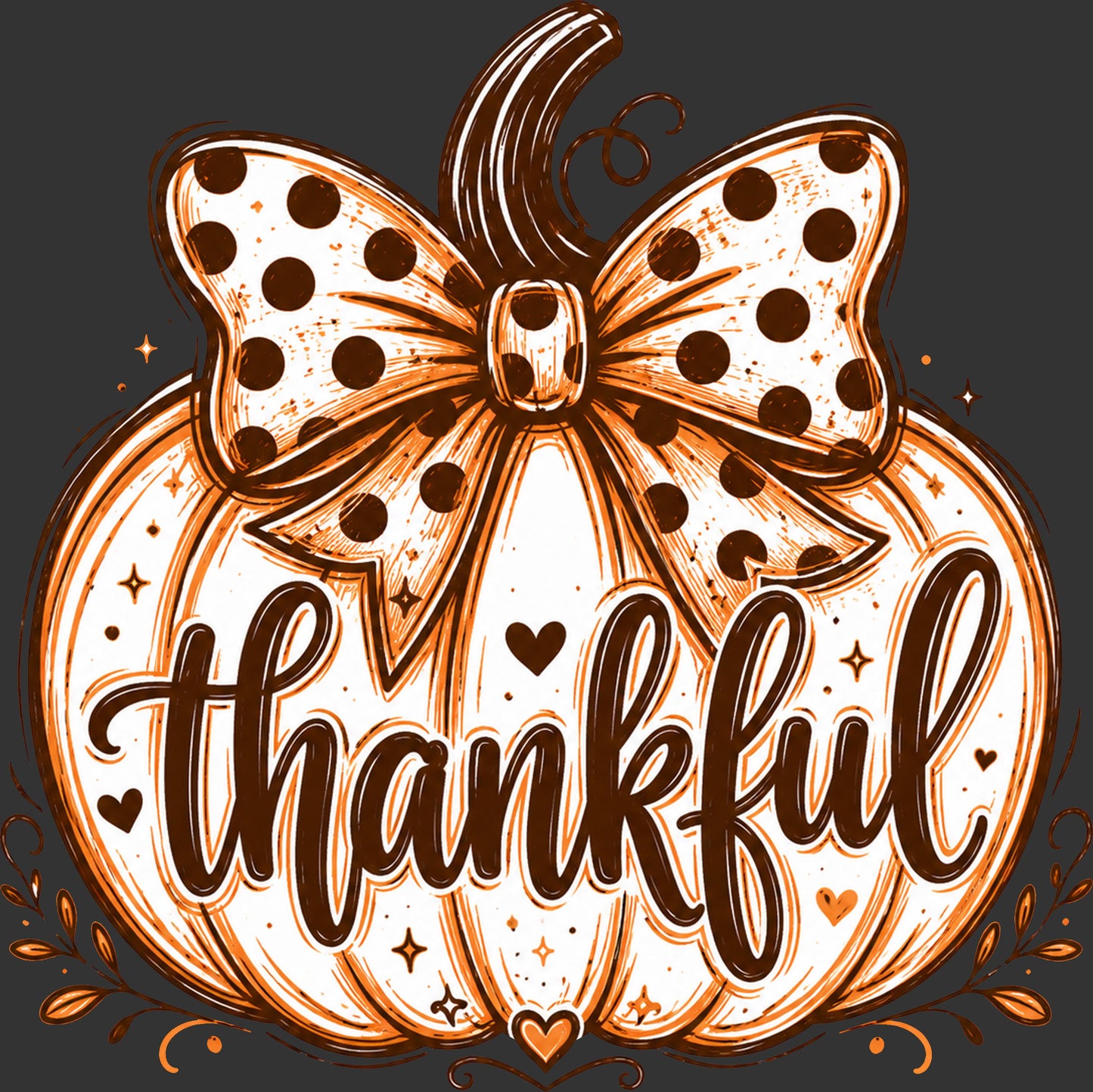 A stylized autumn pumpkin graphic with a large polka-dotted bow, the word 'thankful' in cursive script, and small heart and star accents on a dark gray background.