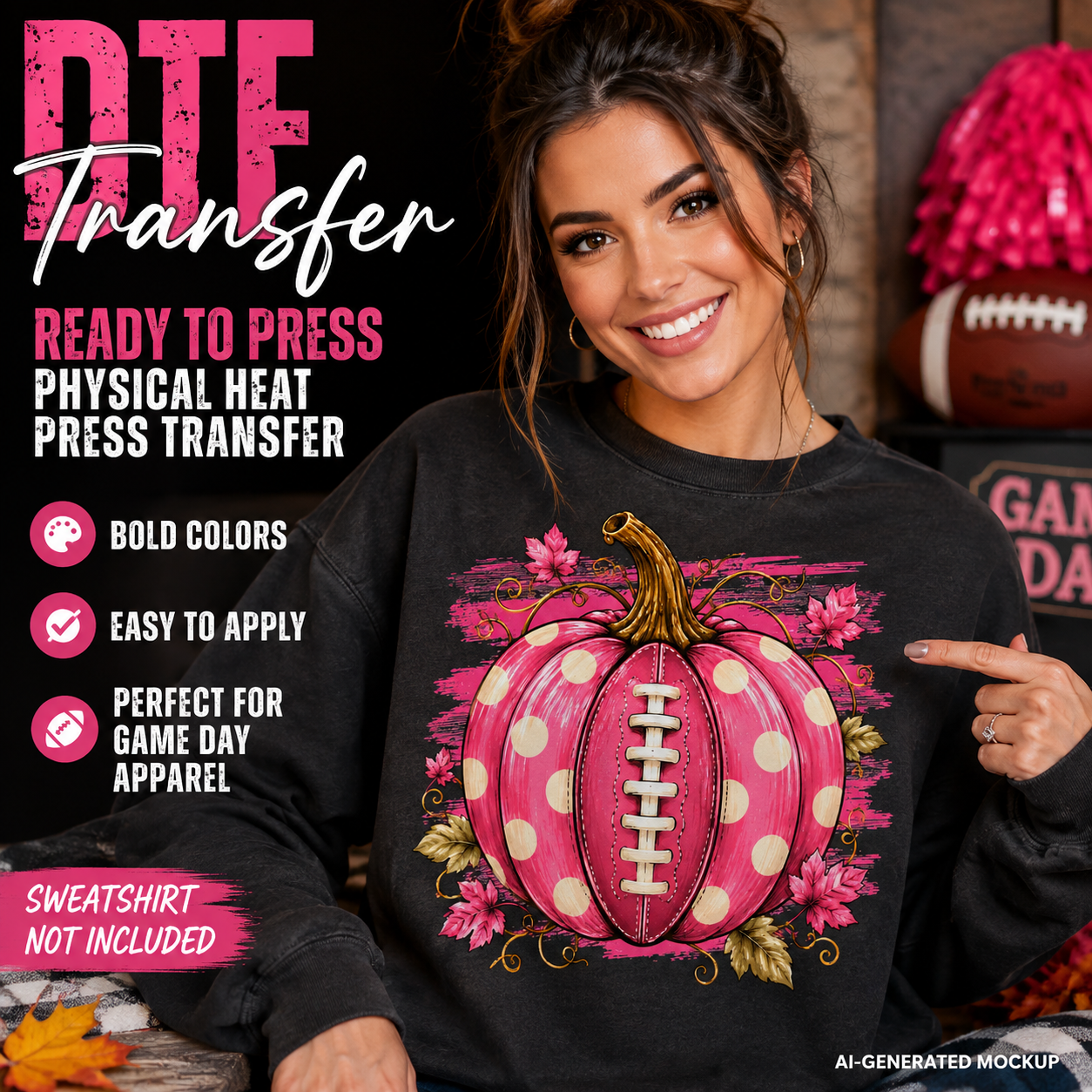 A woman wearing a black sweatshirt with a large graphic of a pink polka-dotted football pumpkin surrounded by pink flowers. The image includes promotional text for a 'Ready to Press' heat transfer and a note that the sweatshirt itself is not included.