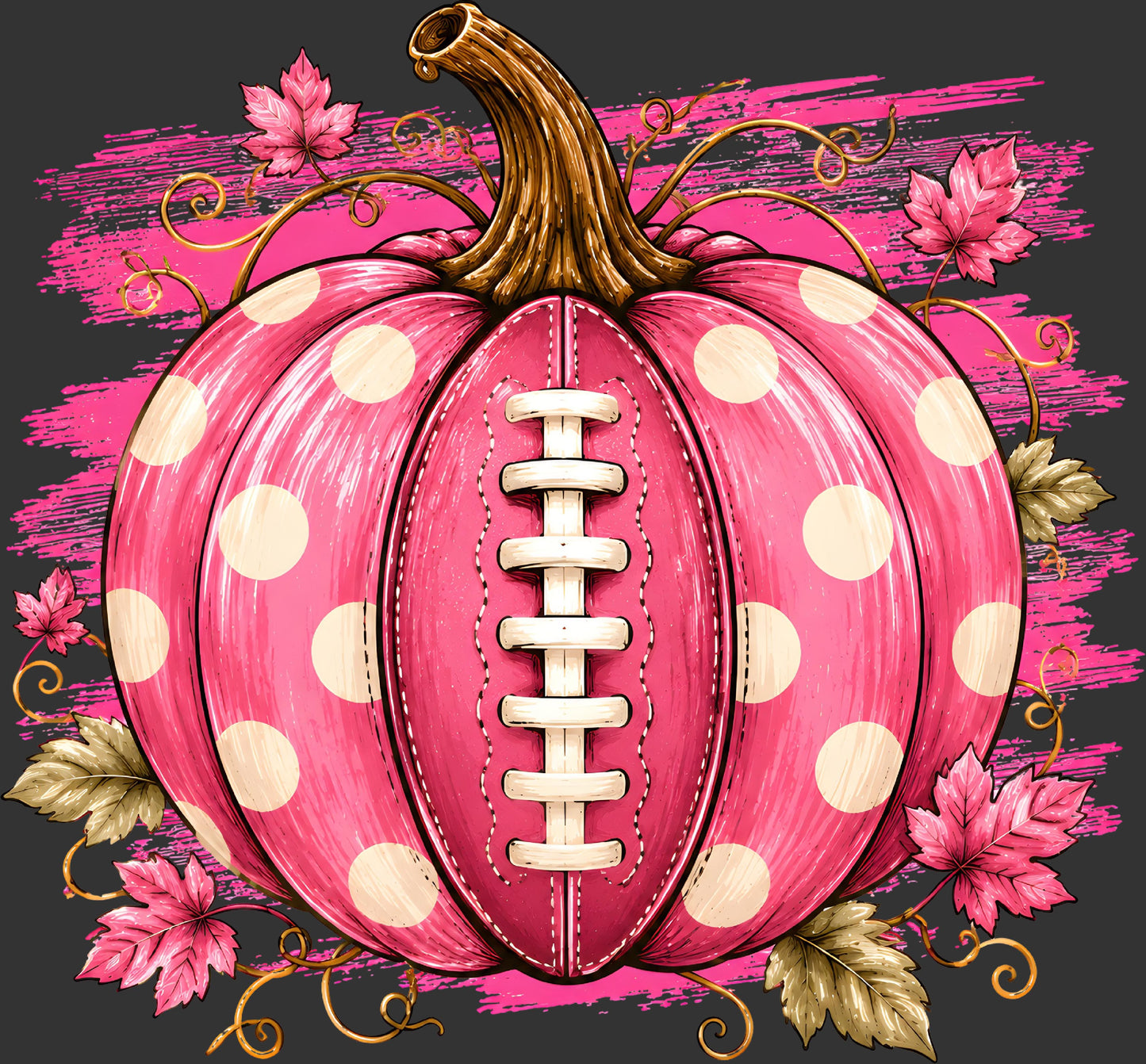 A stylized pink football-shaped pumpkin with cream polka dots, a brown stem, white laces, and autumn leaves on a dark gray background with pink brushstroke accents.