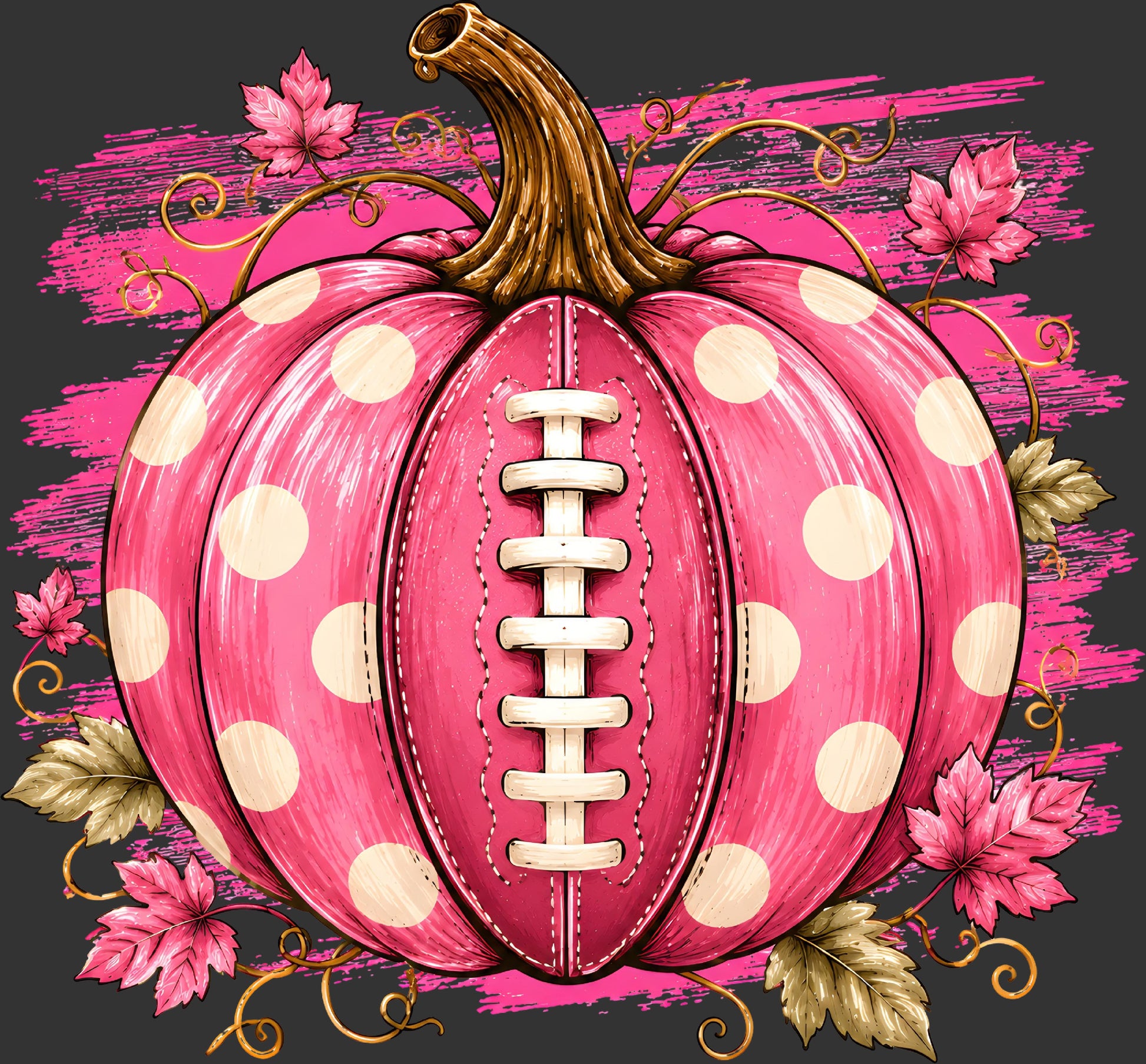 A stylized pink football-shaped pumpkin with cream polka dots, a brown stem, white laces, and autumn leaves on a dark gray background with pink brushstroke accents.