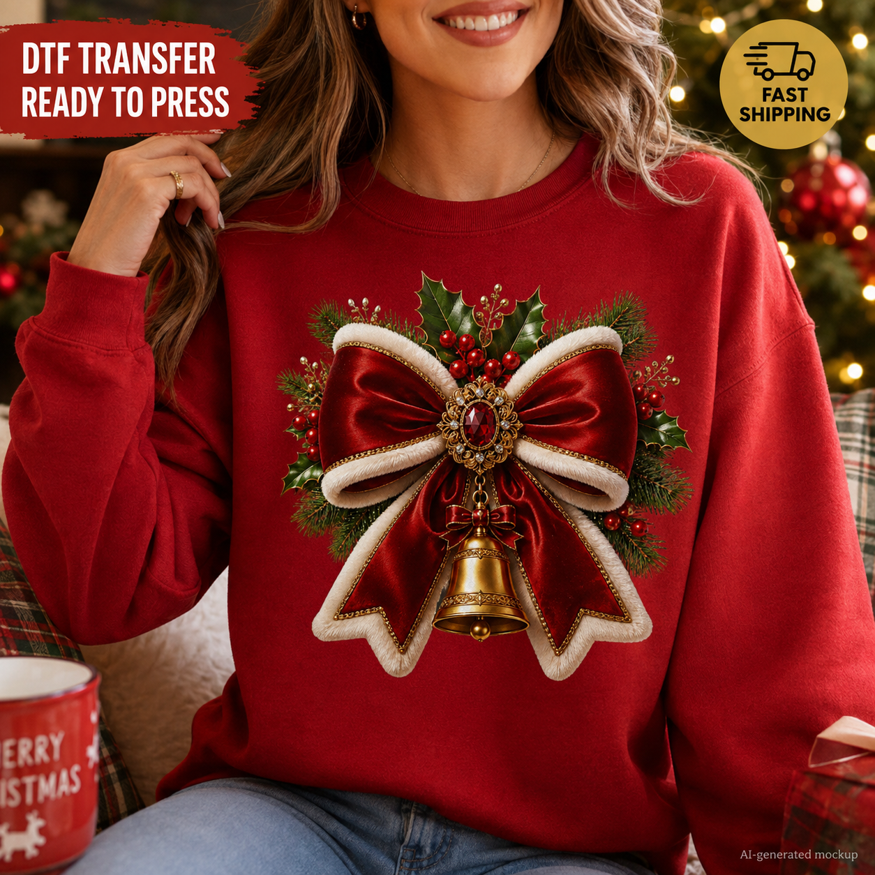 A woman wearing a red crewneck sweatshirt with a large 3D-effect Christmas bow and holly graphic on the front, posed in a cozy holiday setting with Christmas lights and a mug in the background. Text overlays read 'DTF TRANSFER READY TO PRESS' and 'FAST SHIPPING'.