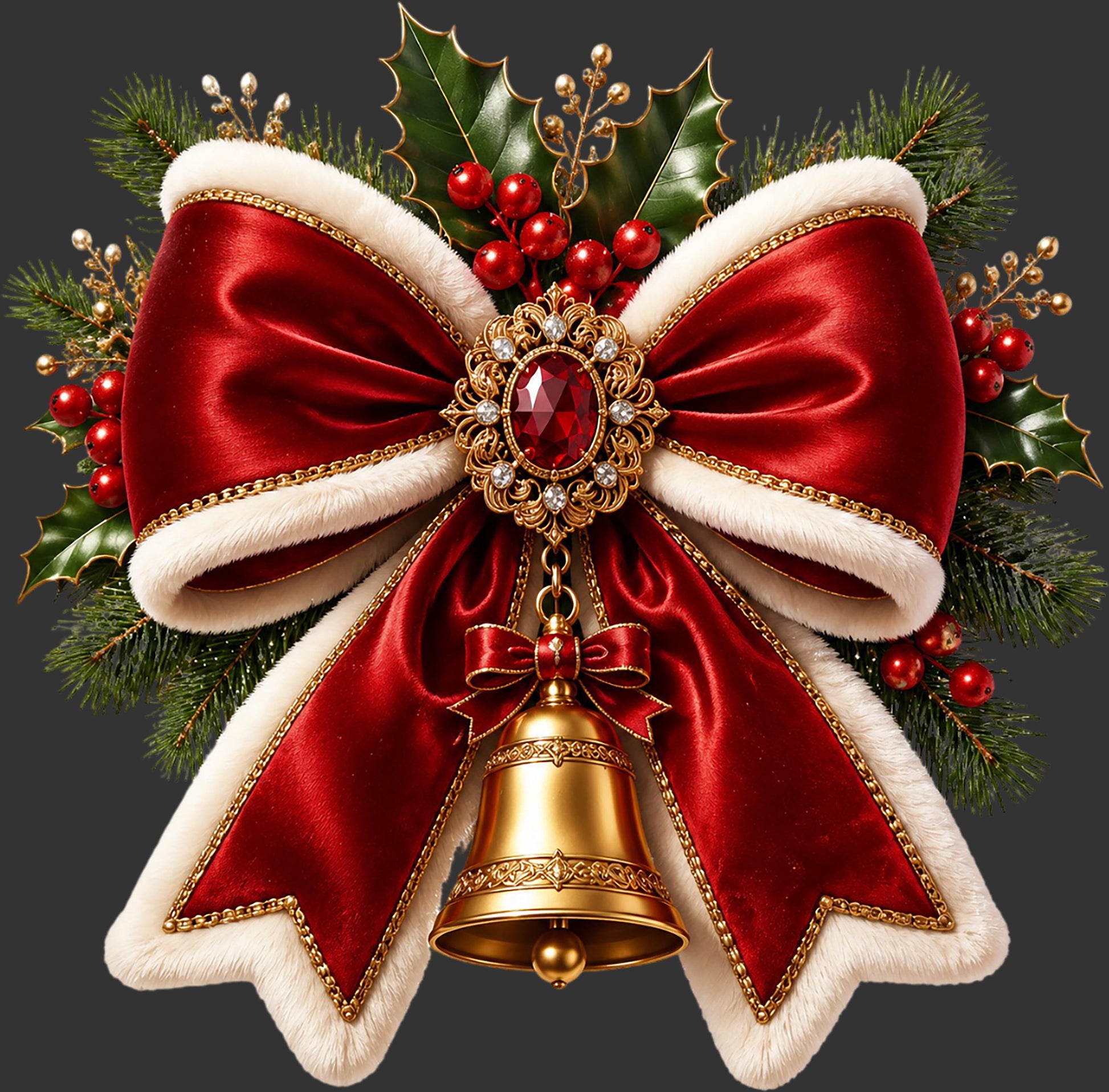 A festive Christmas ornament or decorative bow featuring a large red satin bow with white faux-fur trim, a gold hanging bell, green holly leaves, red berries, and gold pinecones on a dark gray background.