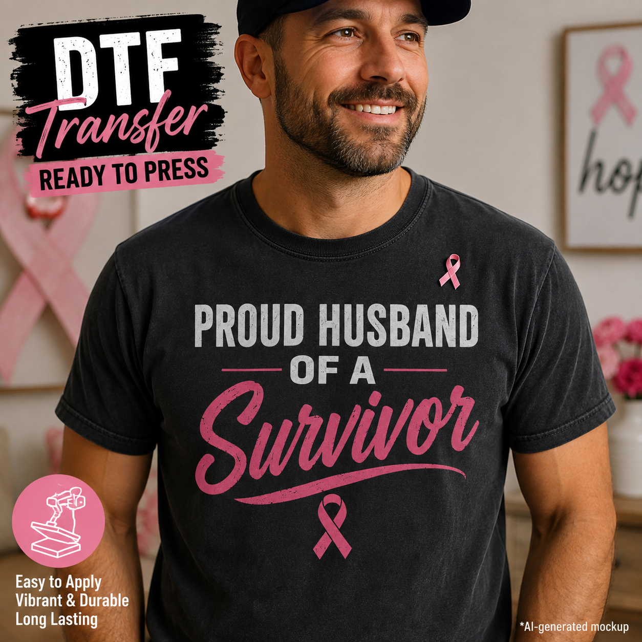 A man wearing a black graphic T-shirt with the text 'PROUD HUSBAND OF A Survivor' in white and pink, along with pink ribbon graphics. The image includes promotional text overlays for a DTF transfer product.