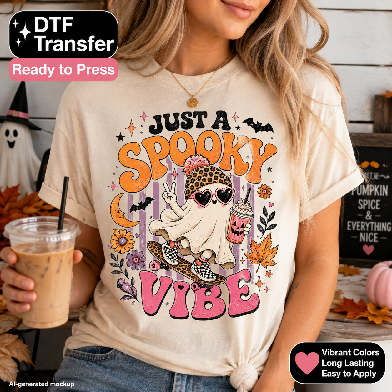 A woman wearing a cream-colored t-shirt with a colorful 'Just a Spooky Vibe' graphic print, holding an iced coffee in a fall-themed room setting.