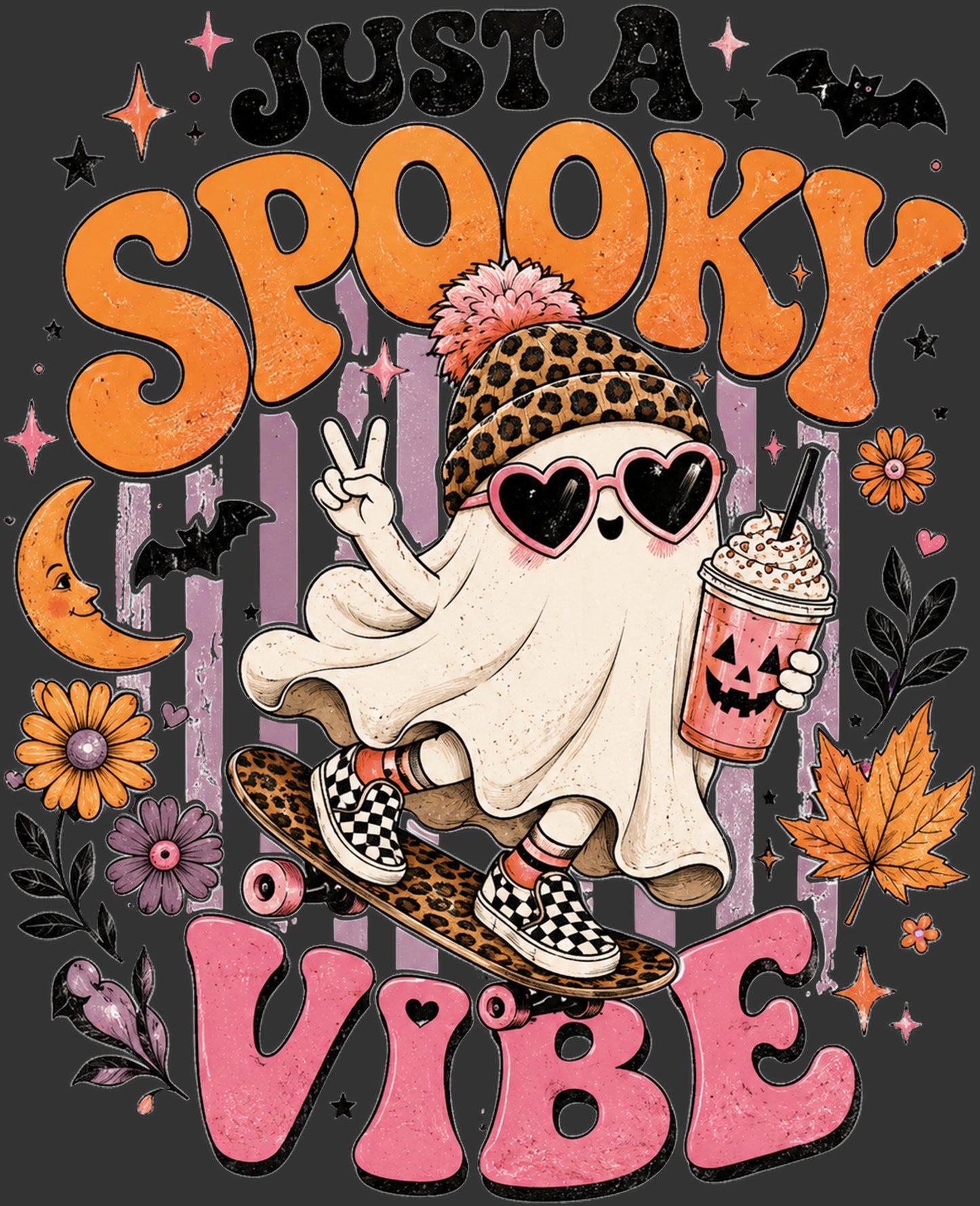 A Halloween-themed graphic illustration with the words “JUST A SPOKKY VIBE” in large decorative letters. A cartoon ghost character wearing a leopard-print beanie, heart-shaped sunglasses, and checkerboard sneakers rides a skateboard while holding a drink.