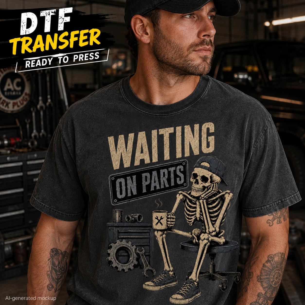 A man wearing a black graphic T-shirt with a distressed print that reads 'WAITING ON PARTS' above a skeleton mechanic sitting at a desk with tools. The background is a garage or workshop setting with tools and vehicles.