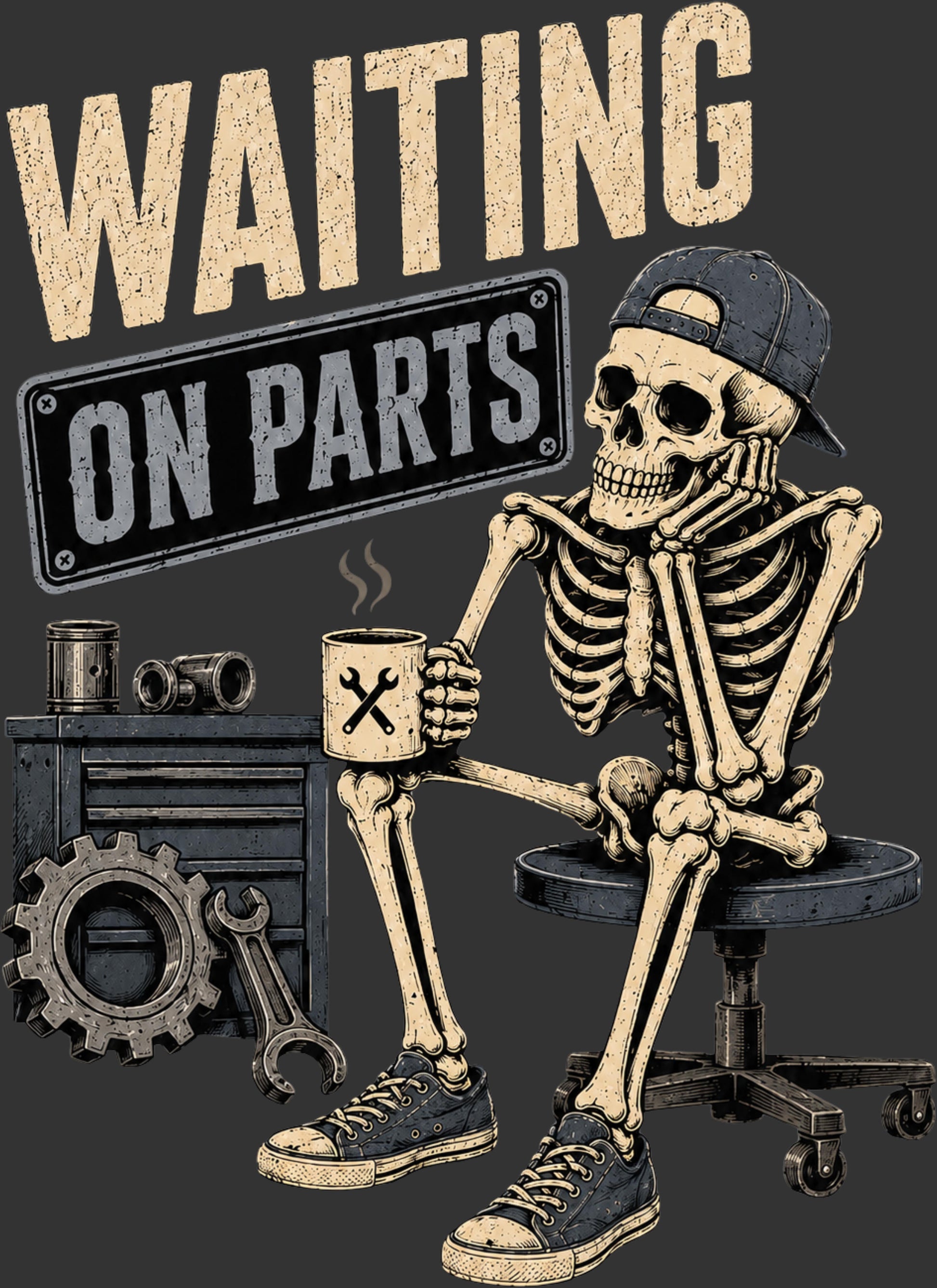 A stylized skeleton sitting on an office chair holding a coffee mug with a wrench symbol, wearing a baseball cap and sneakers. The background features a dark gray workshop theme with a tool chest, wrenches, and gears.