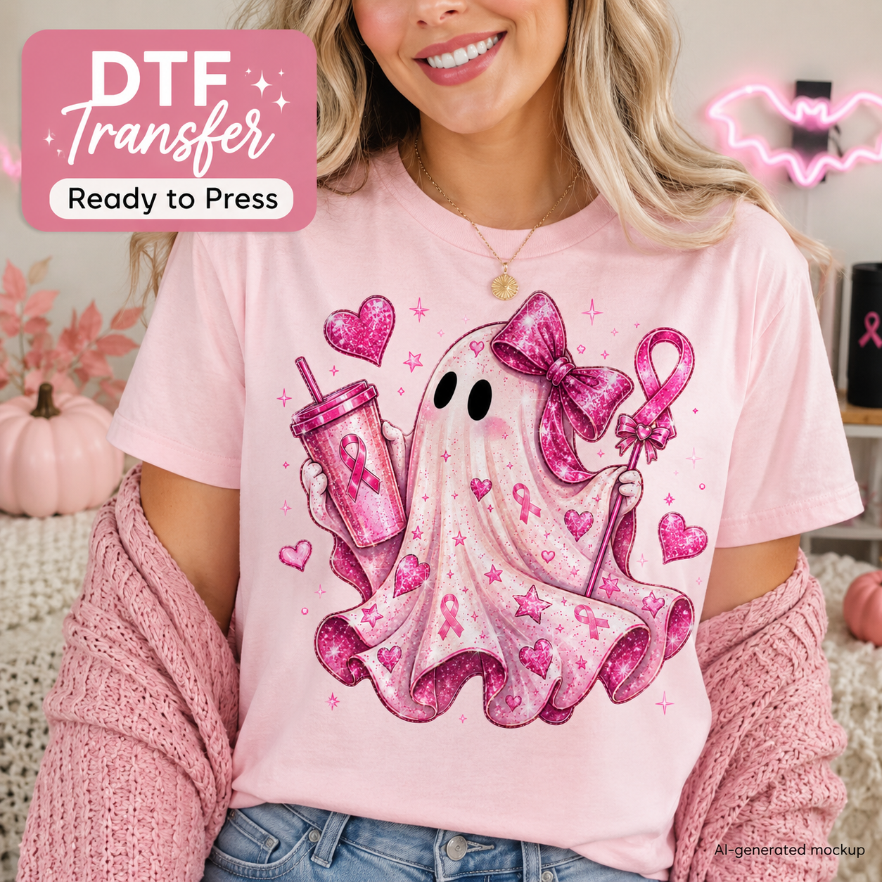 A woman wearing a light pink graphic T-shirt with a glittery pink ghost holding a pink awareness ribbon and a pink drink cup. The image includes a 'DTF Transfer Ready to Press' badge in the top left corner.