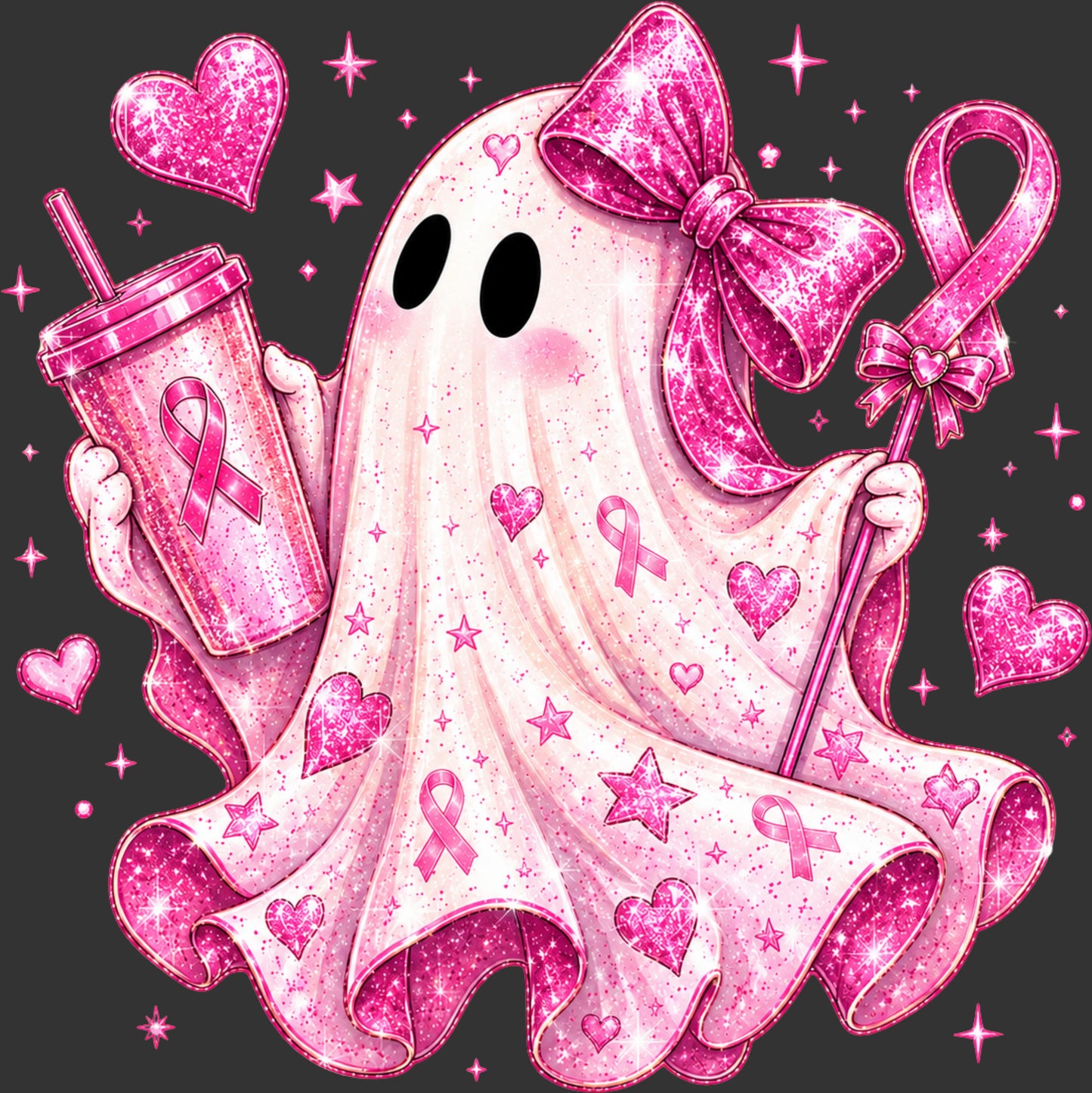 A cute pink glittery cartoon ghost holding a pink glittery coffee cup and a pink glittery wand, surrounded by pink glittery hearts and stars on a dark gray background.